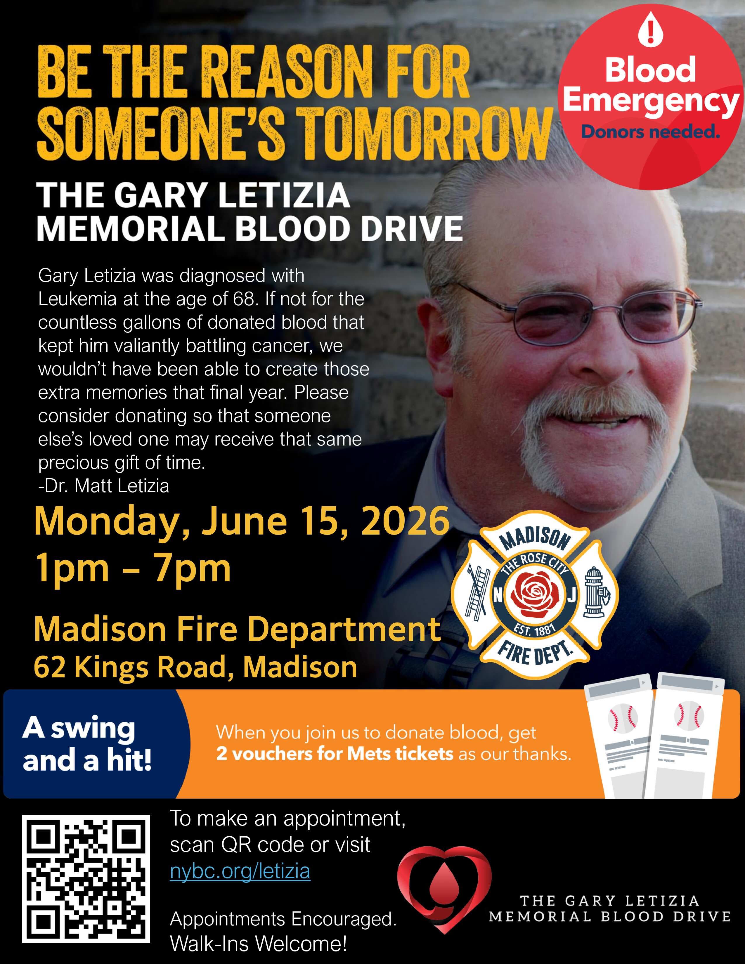 Madison Emergency Blood Drive - Pair of NY Mets Tickets for donors!