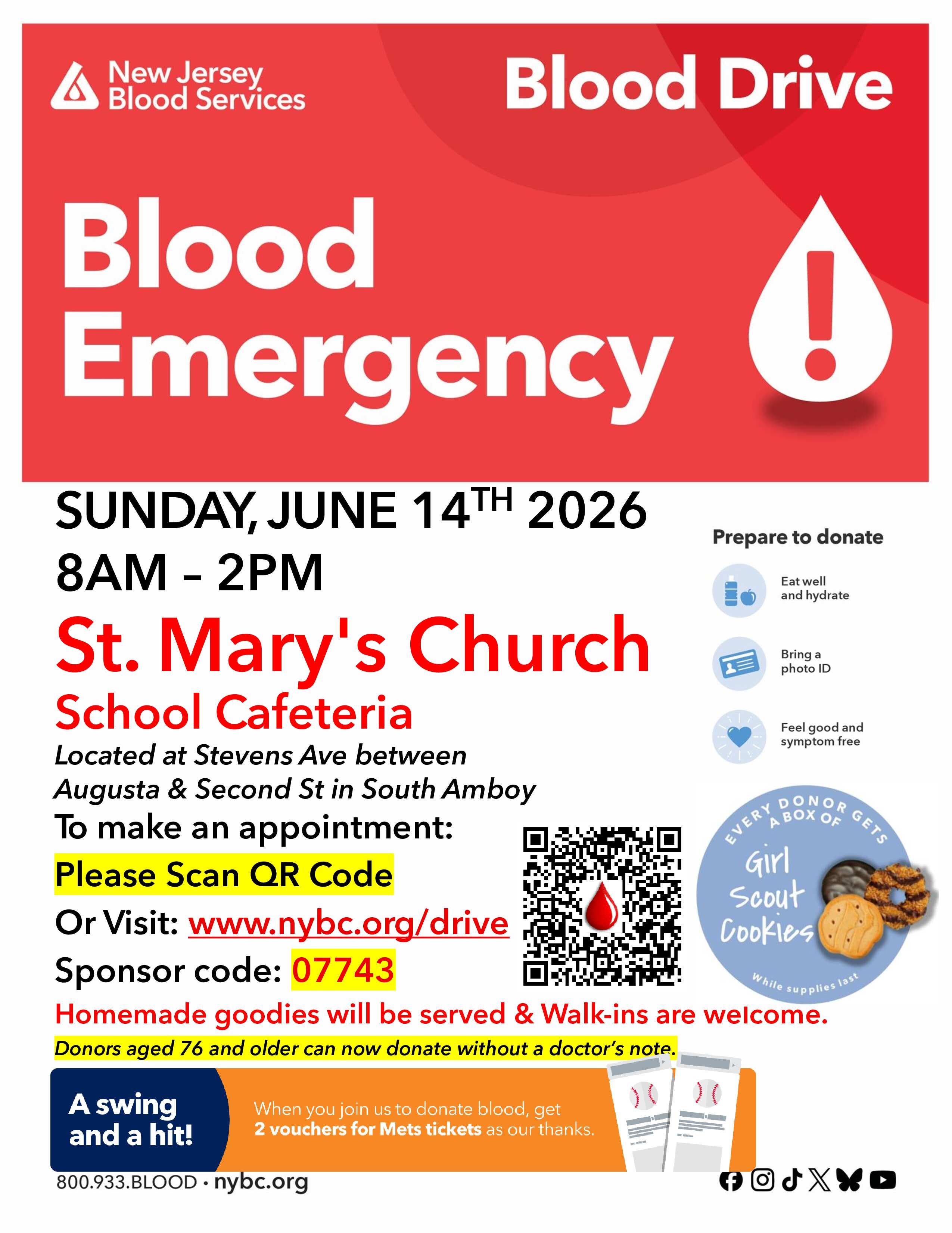 South Amboy Emergency Blood Drive - Pair of NY Mets tickets for donors!