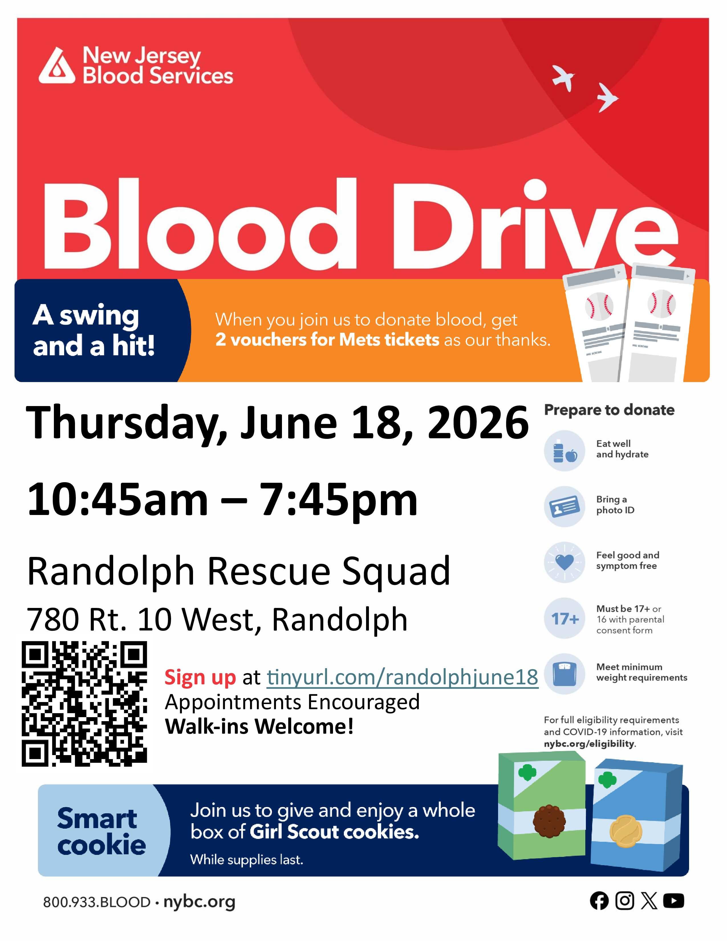 Randolph Community Blood Drive - NY Mets Tickets, Girl Scout Cookies & Ice Cream Sandwiches!