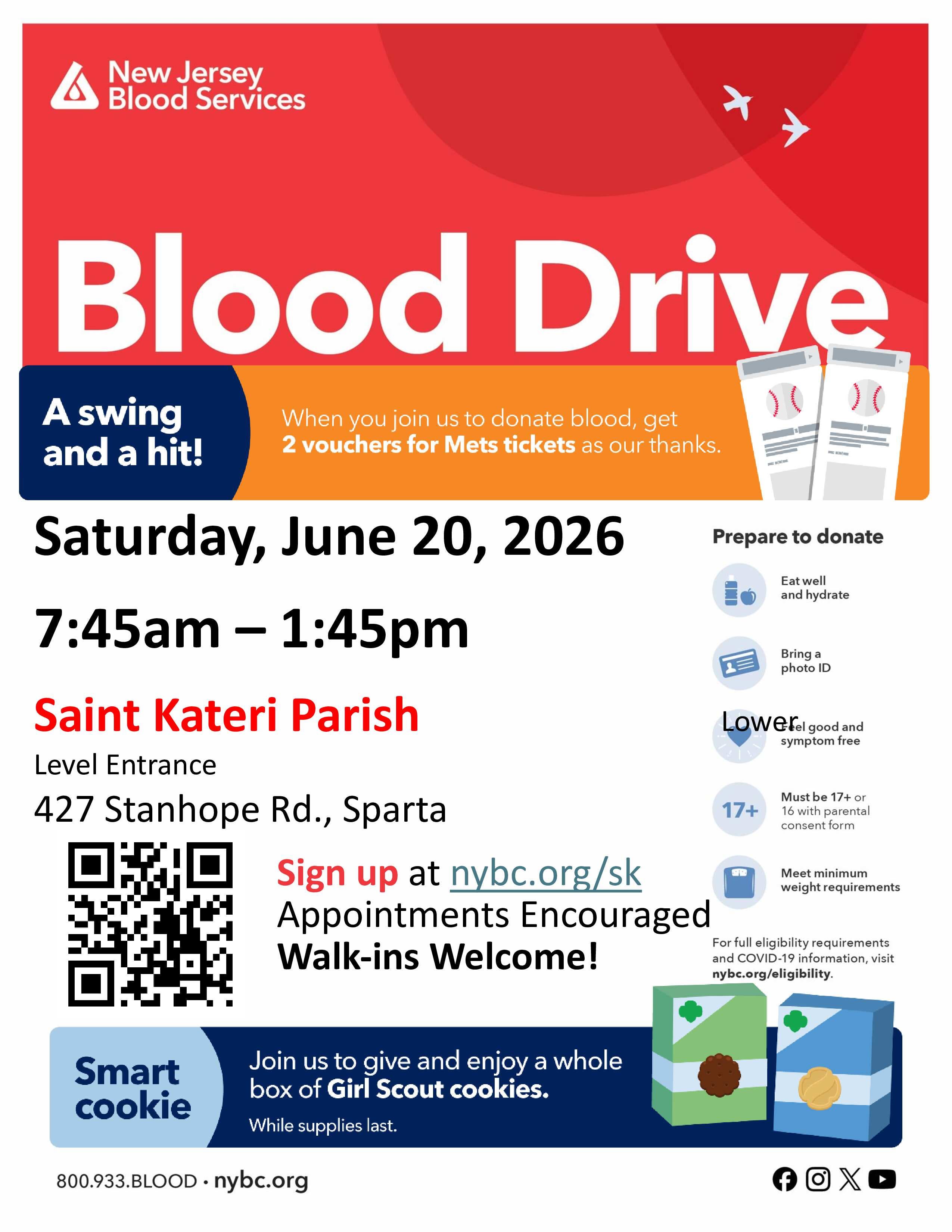 Sparta Community Blood Drive - Breakfast & NY Mets Tickets for donors!