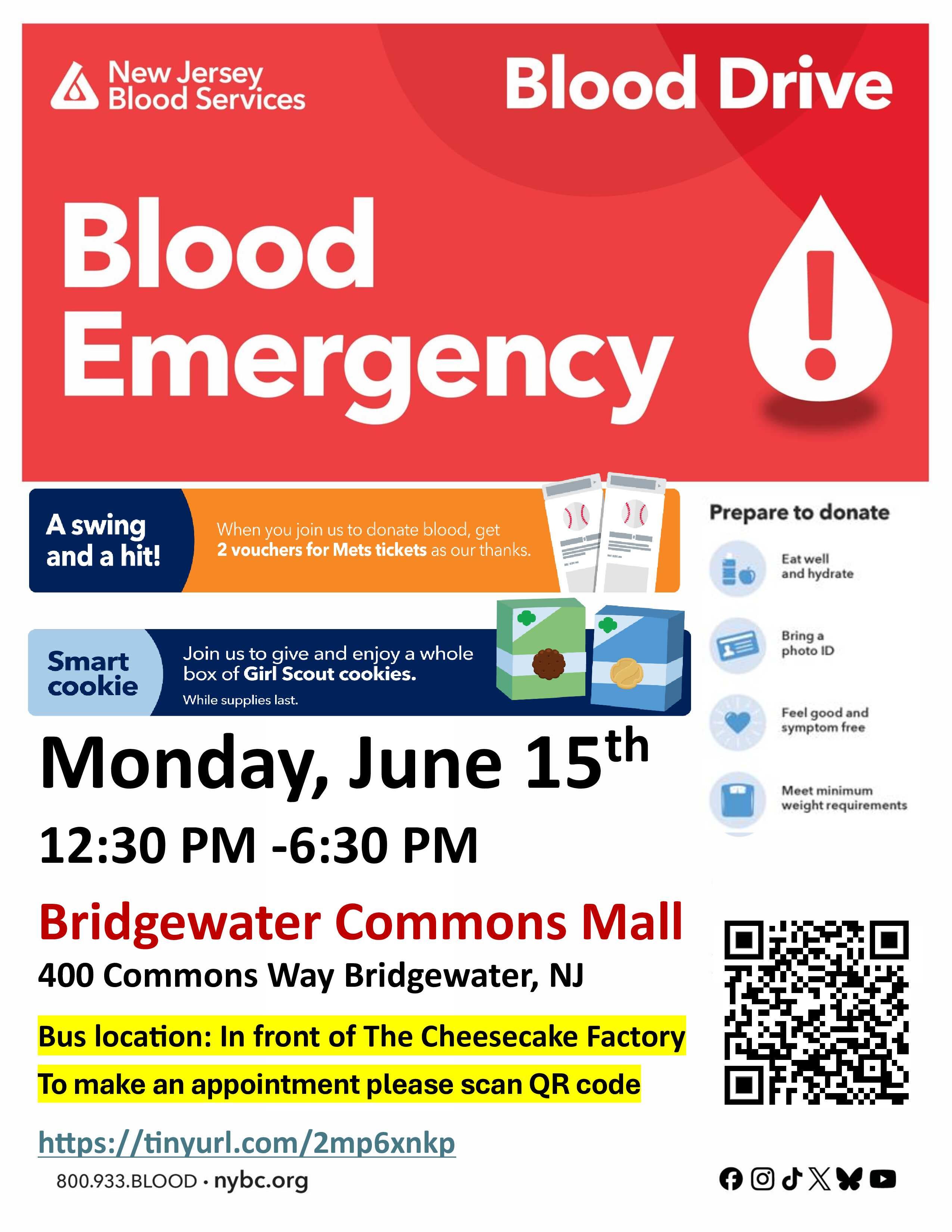 Bridgewater Emergency Blood Drive - NY Mets Tickets & Girl Scout Cookies for donors!