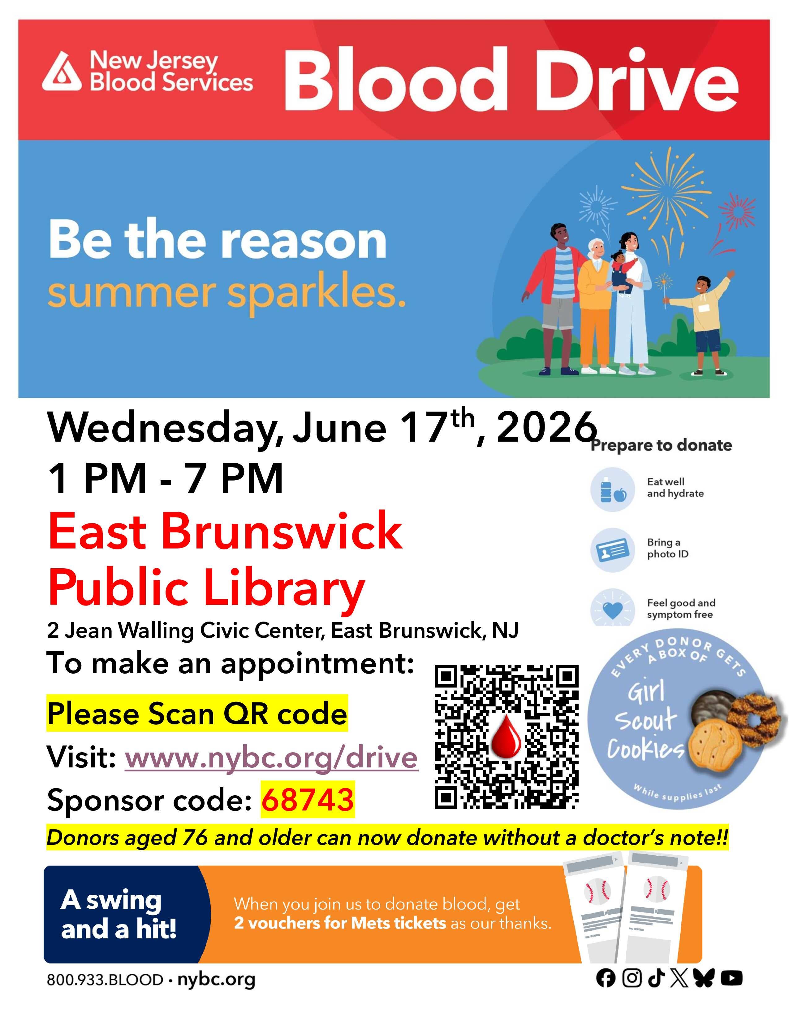East Brunswick Community Blood Drive - NY Mets Tickets & Girl Scout Cookies for donors!