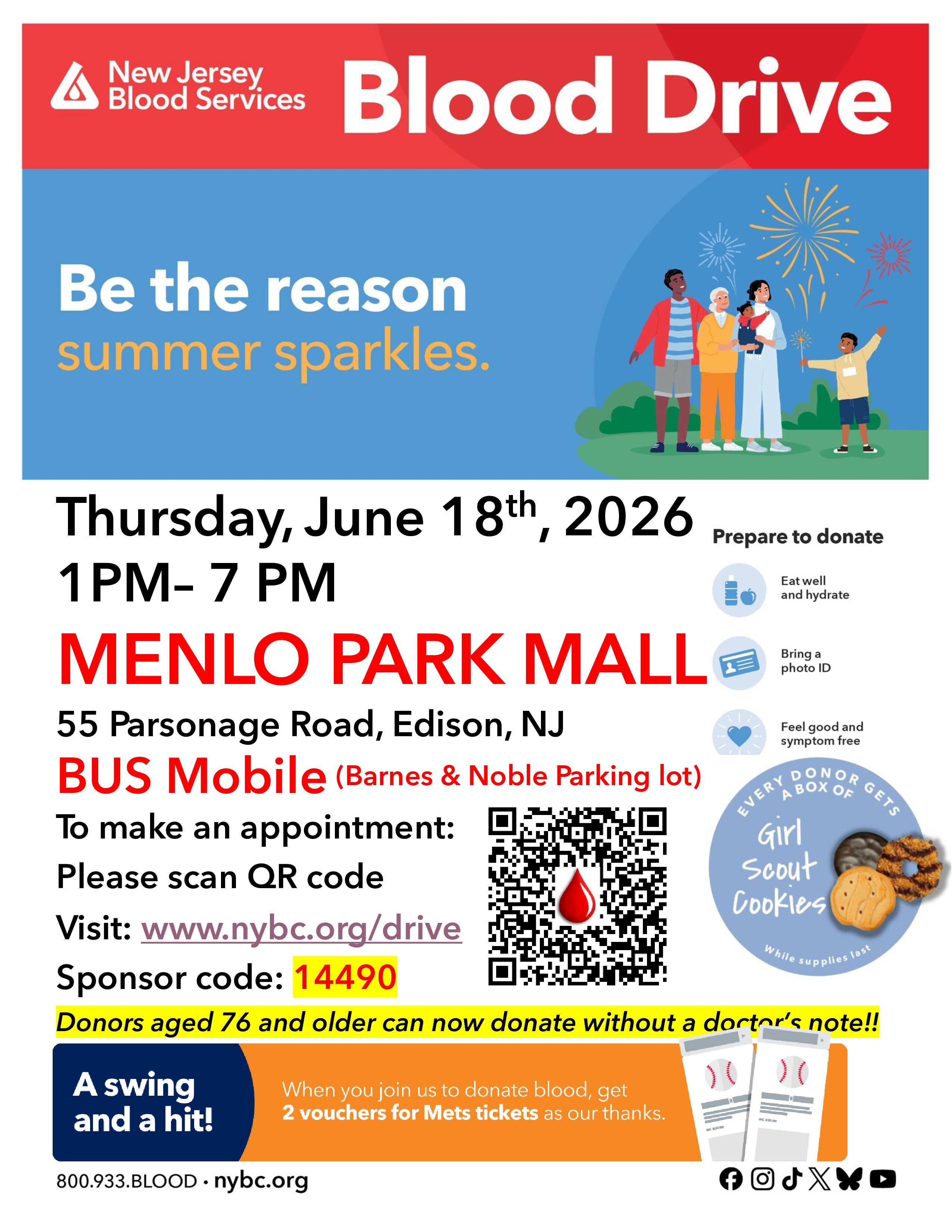 Menlo Park Mall Blood Drive - NY Mets Tickets & Girl Scout Cookies for donors!