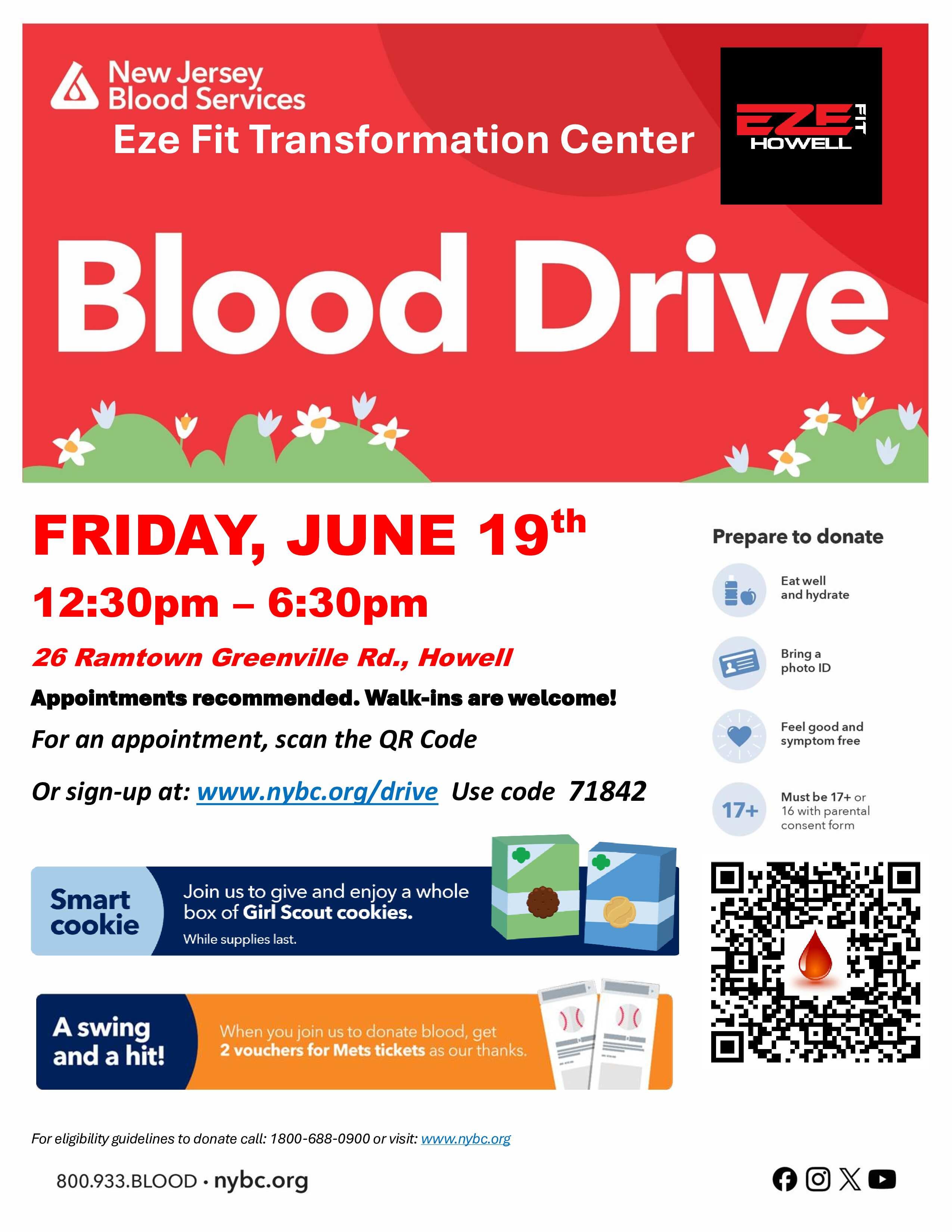 Howell Community Blood Drive - NY Mets Tickets & Girl Scout Cookies for donors!