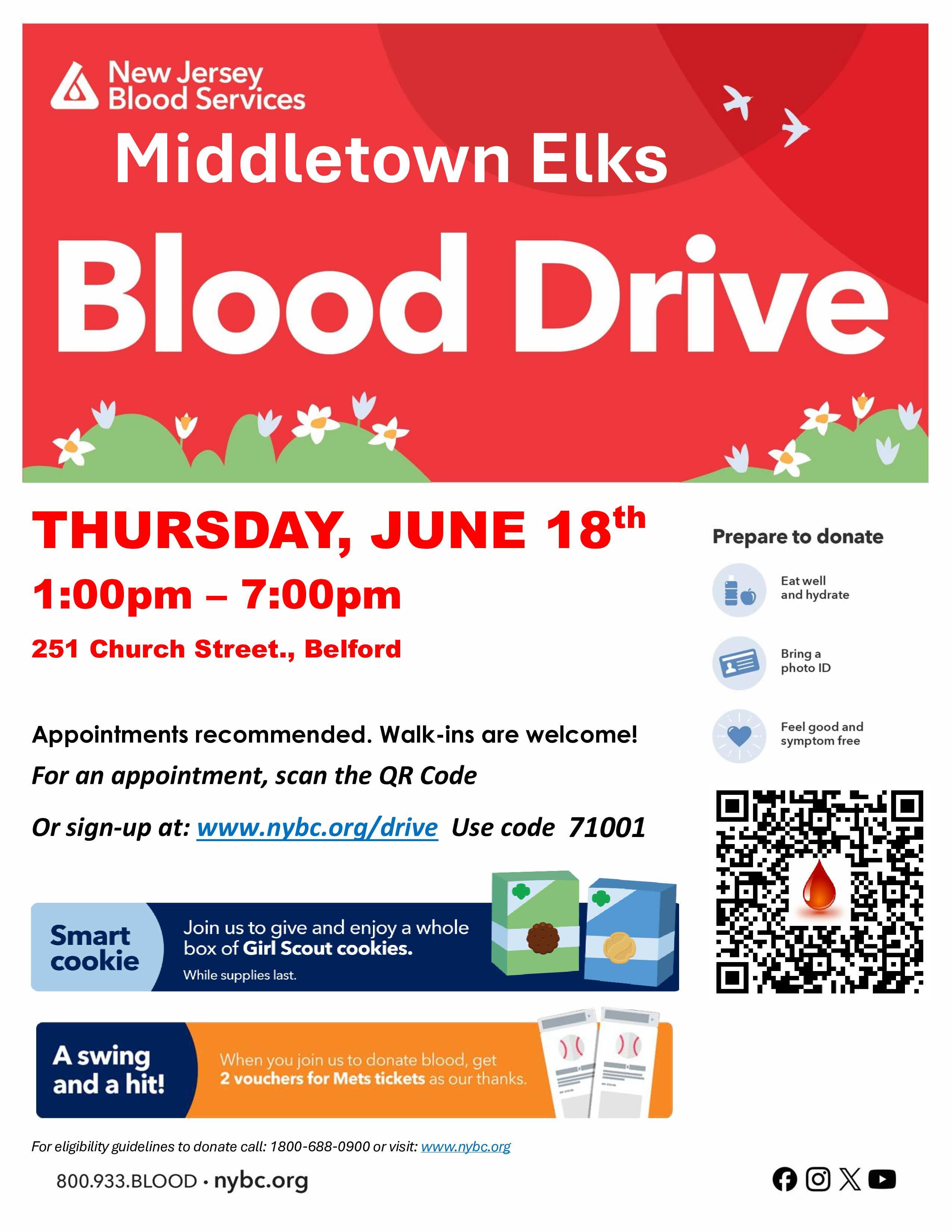Middletown Community Blood Drive - NY Mets Tickets & Girl Scout Cookeis for donors!