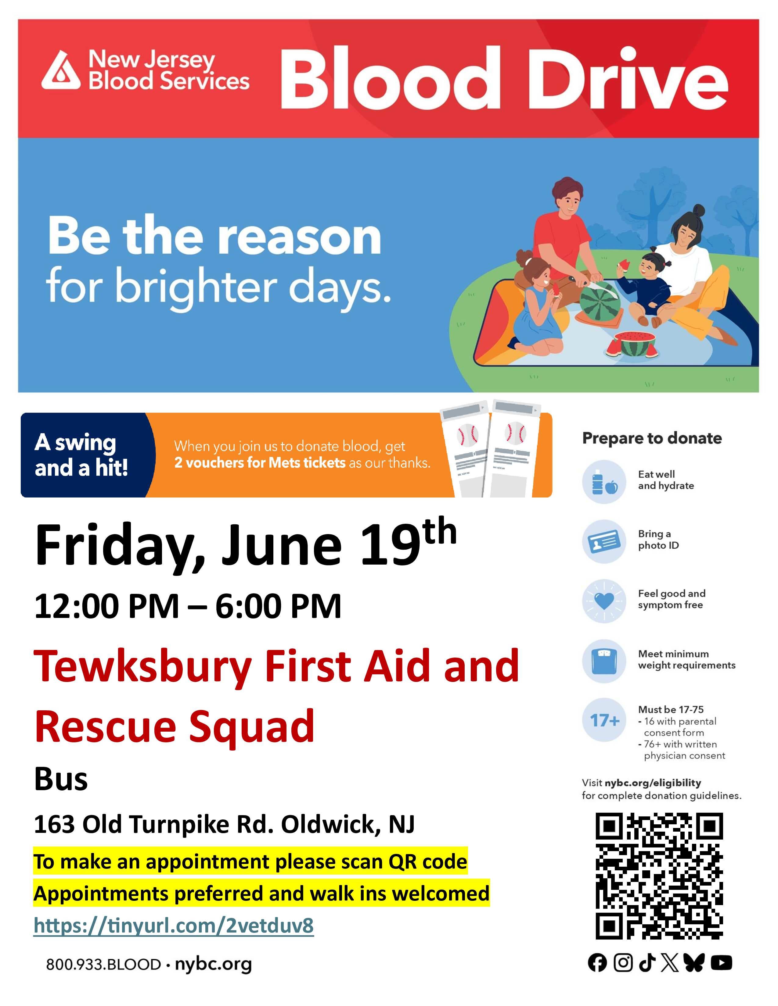 Tewksbury Community Blood Drive - NY Mets Tickets for donors!