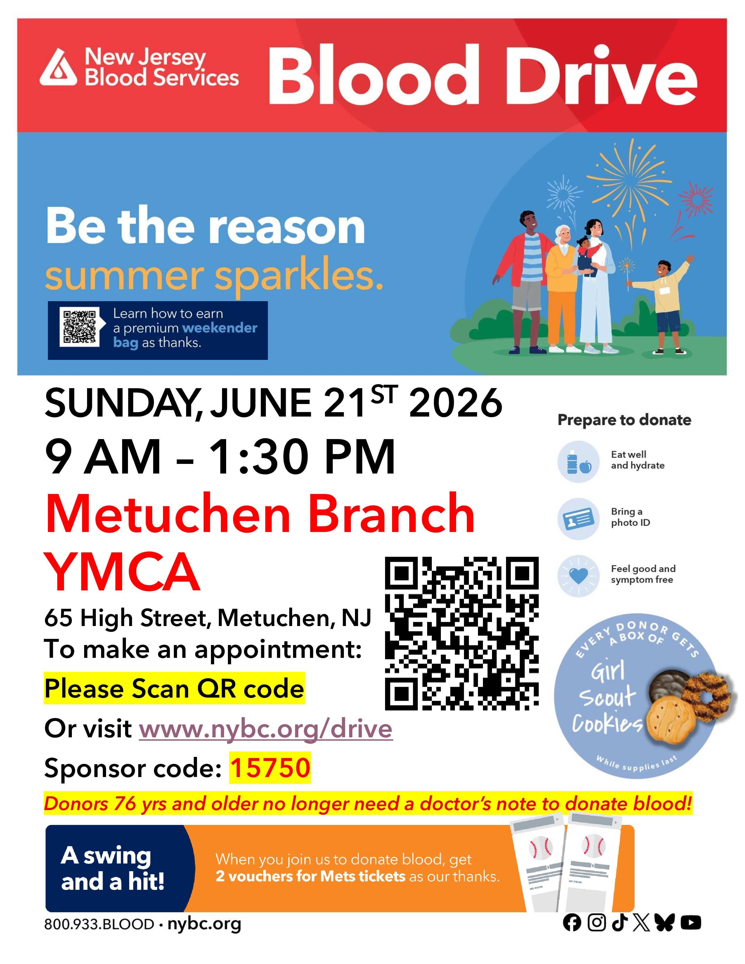 Metuchen Community Blood Drive - NY Mets Tickets + Box of Girl Scout Cookies for donors!