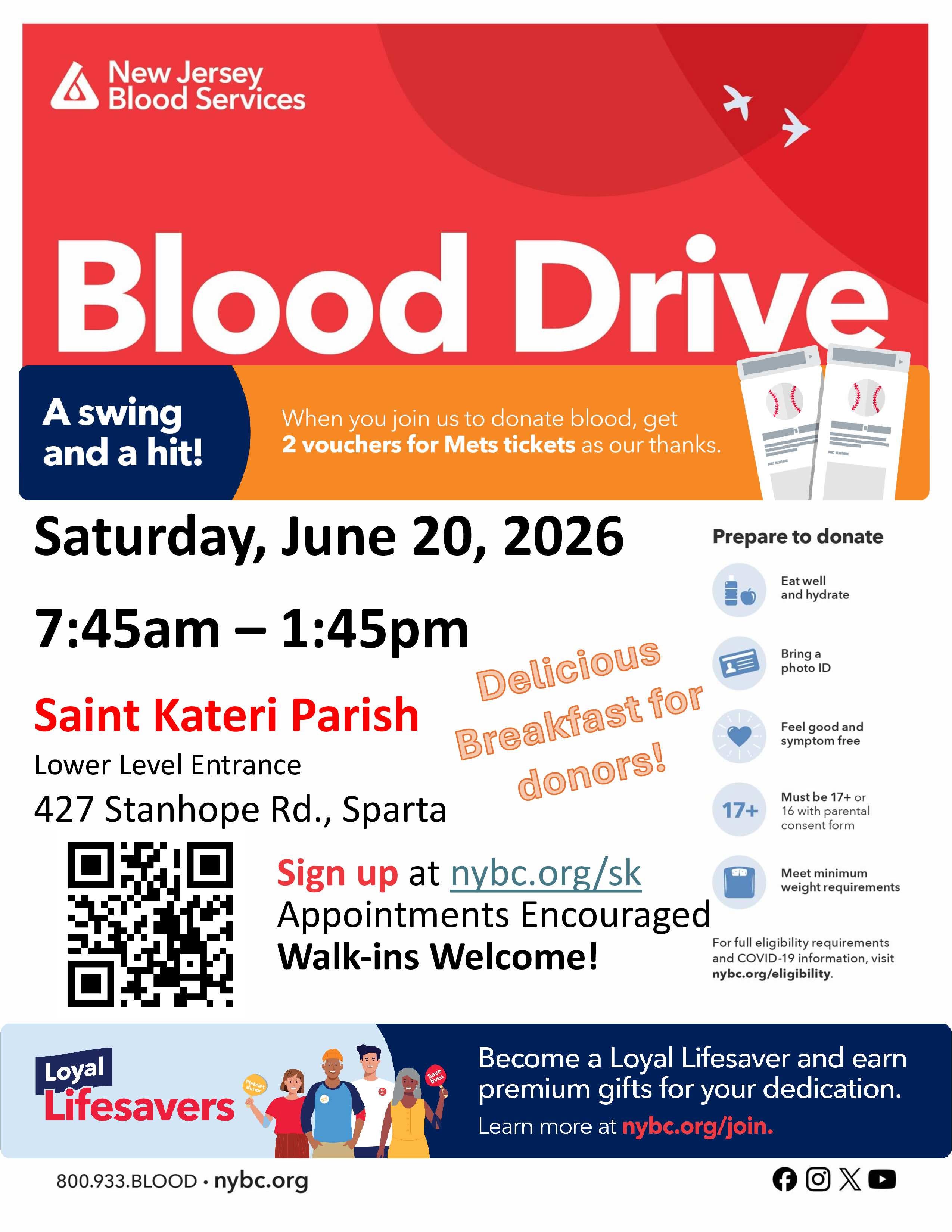 Sparta Community Blood Drive - Breakfast & NY Mets Tickets for donors!