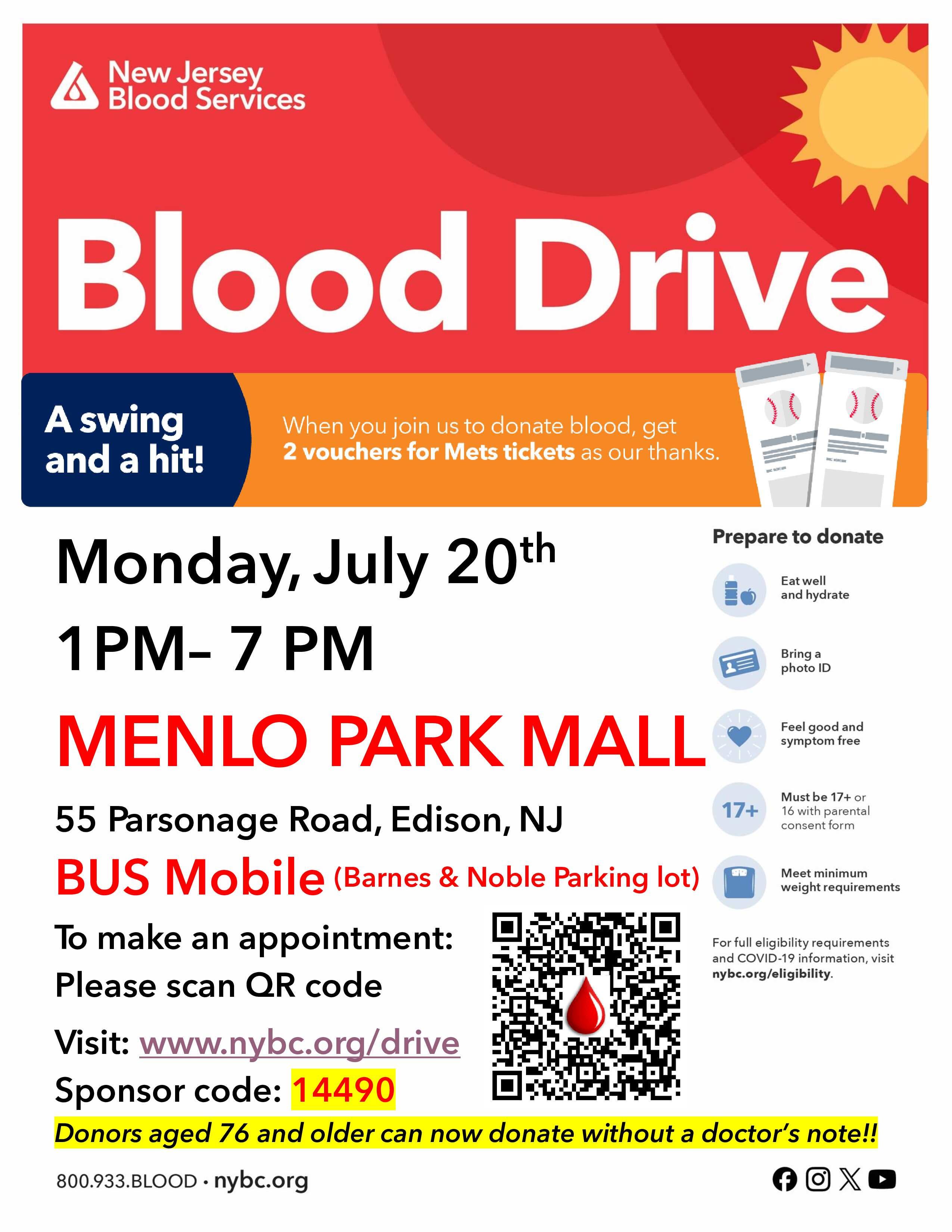 Edison Community Blood Drive - Pair of NY Mets tickets for donors!