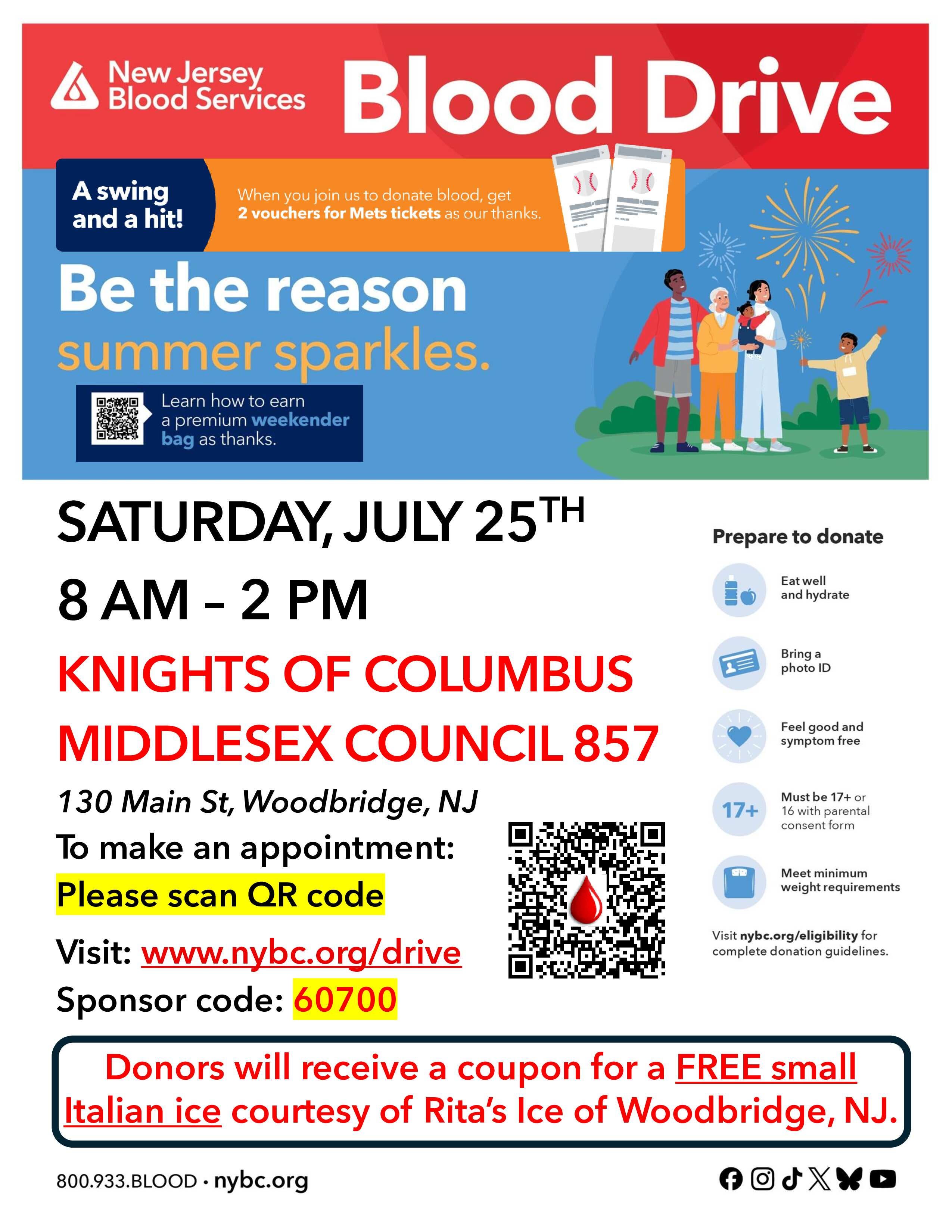 Woodbridge Community Blood Drive - NY Mets tickets + Small Rita's of Woobridge Ice coupon!