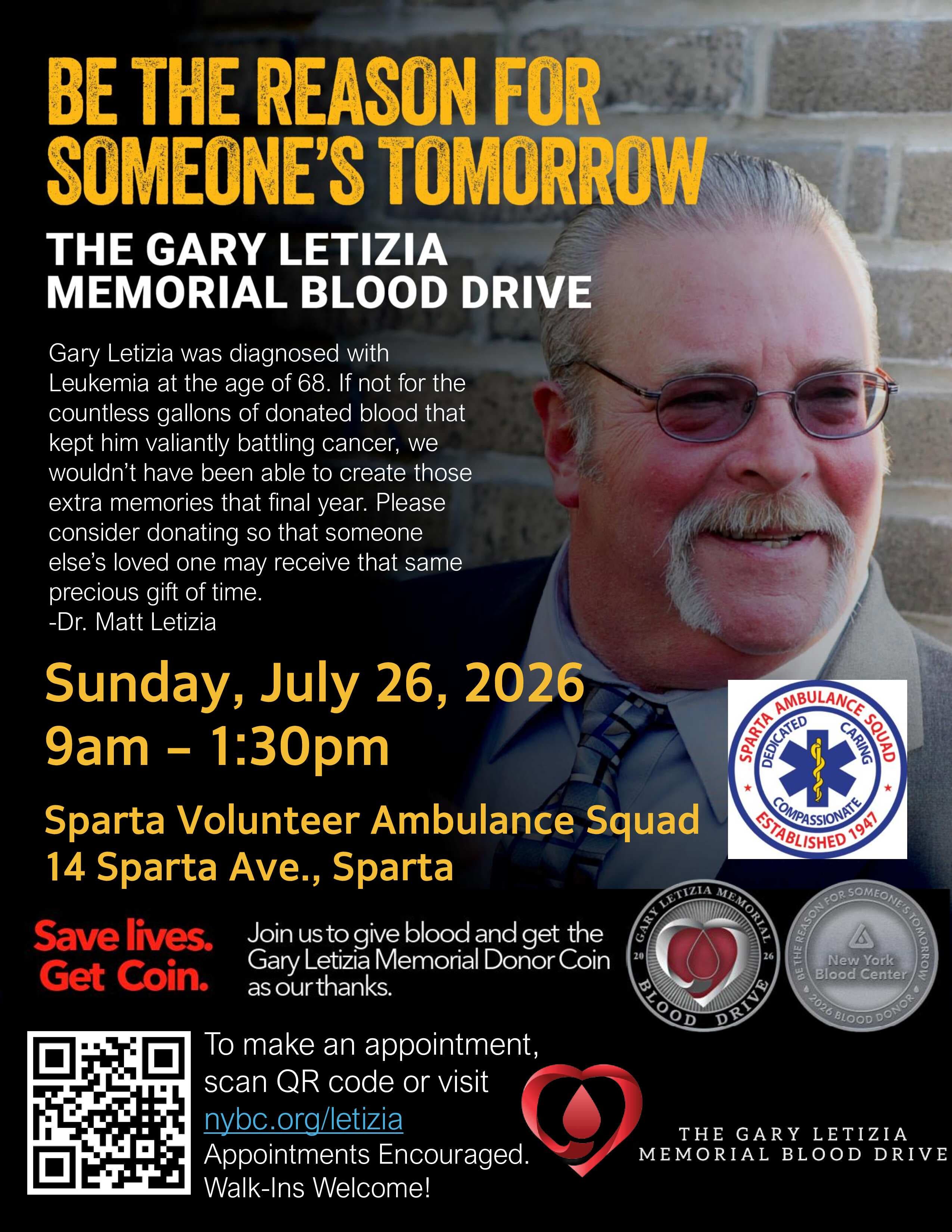Sparta Community Blood Drive - In Loving Memory of Gary Letizia