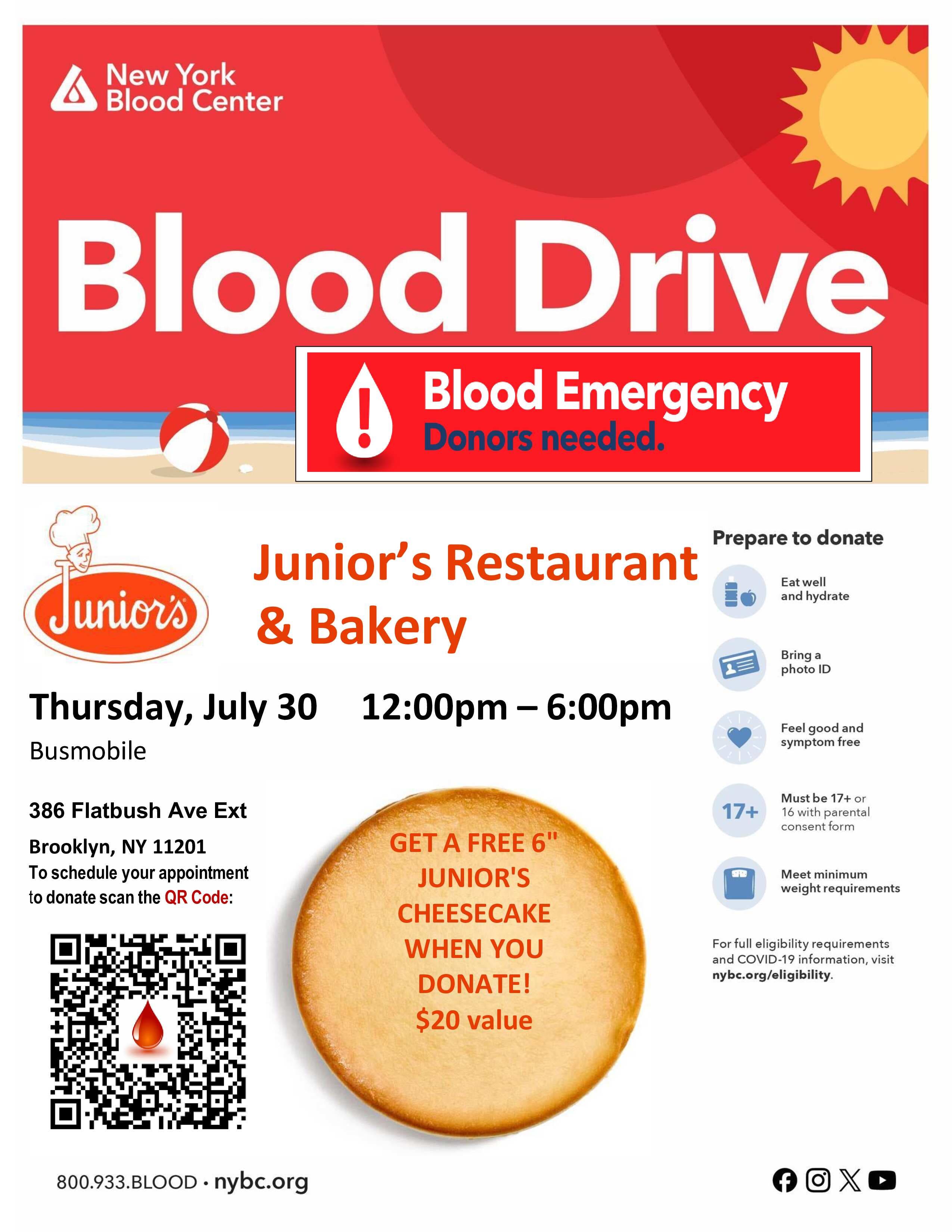 Downtown Brooklyn Community Blood Drive - Junior's 6" Cheesecake for donors!