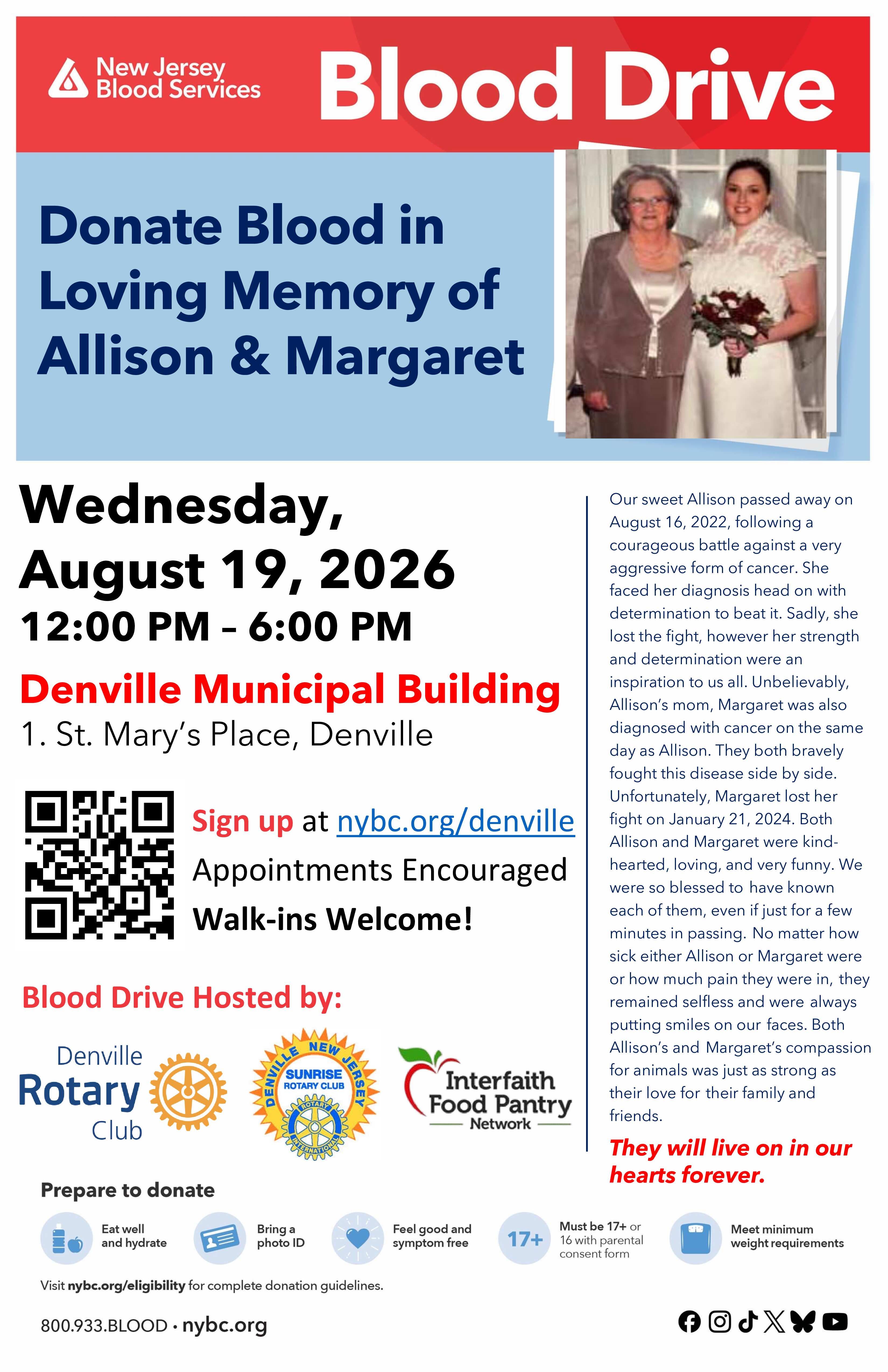Denville Community Blood Drive In Loving Memory Of Allison & Margaret