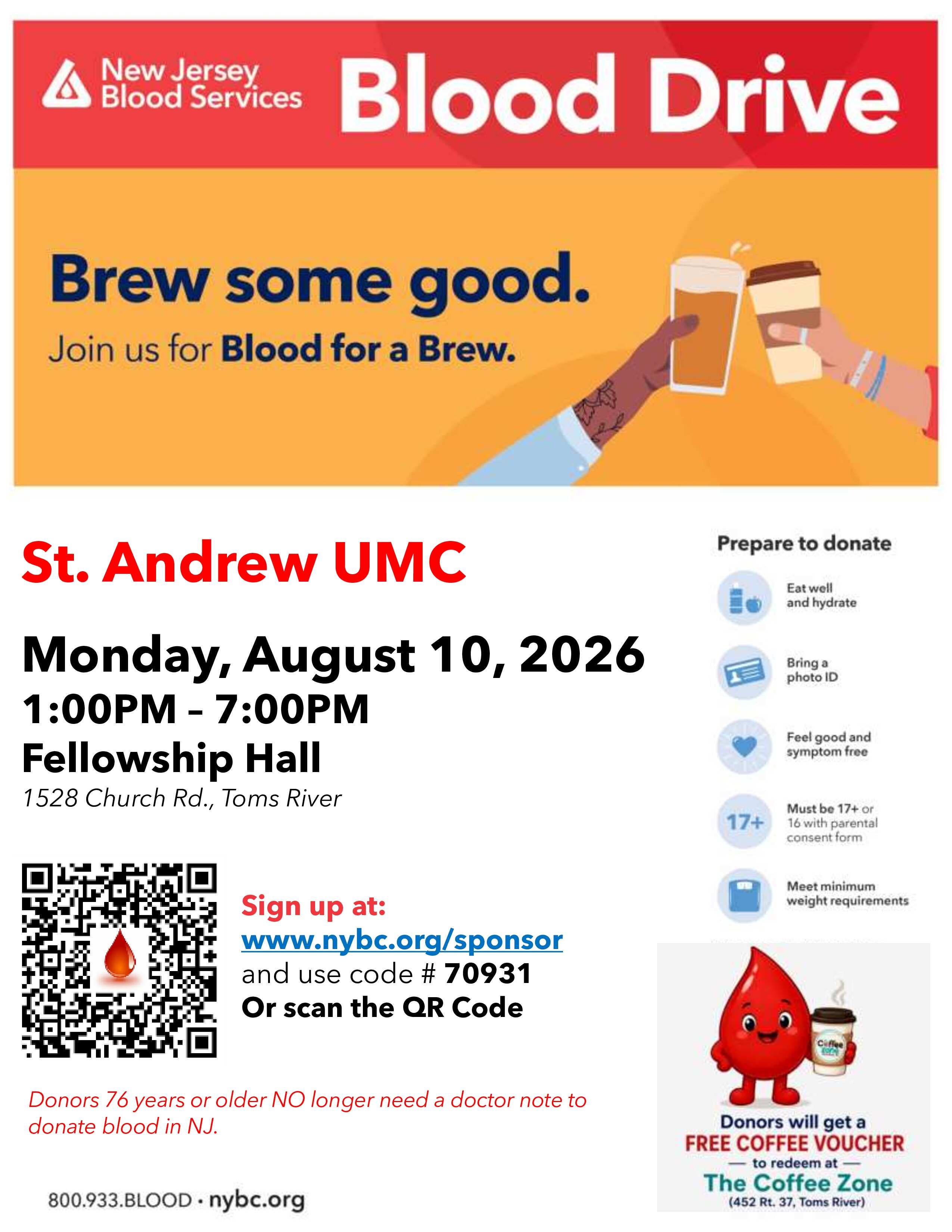 Toms River Community Blood Drive - Blood for a Brew voucher courtesy of The Coffee Zone!