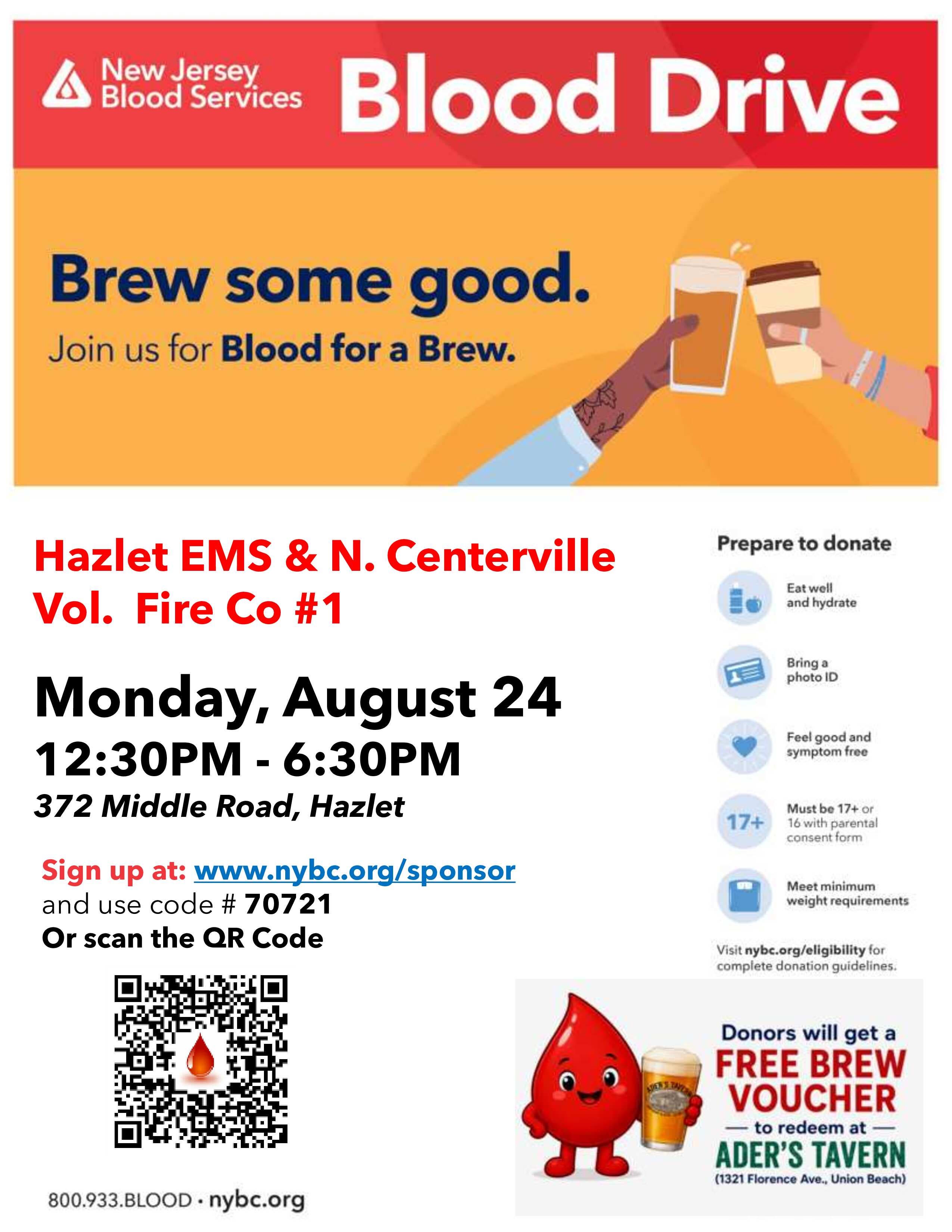 Hazlet Community Blood Drive - Blood for a Brew