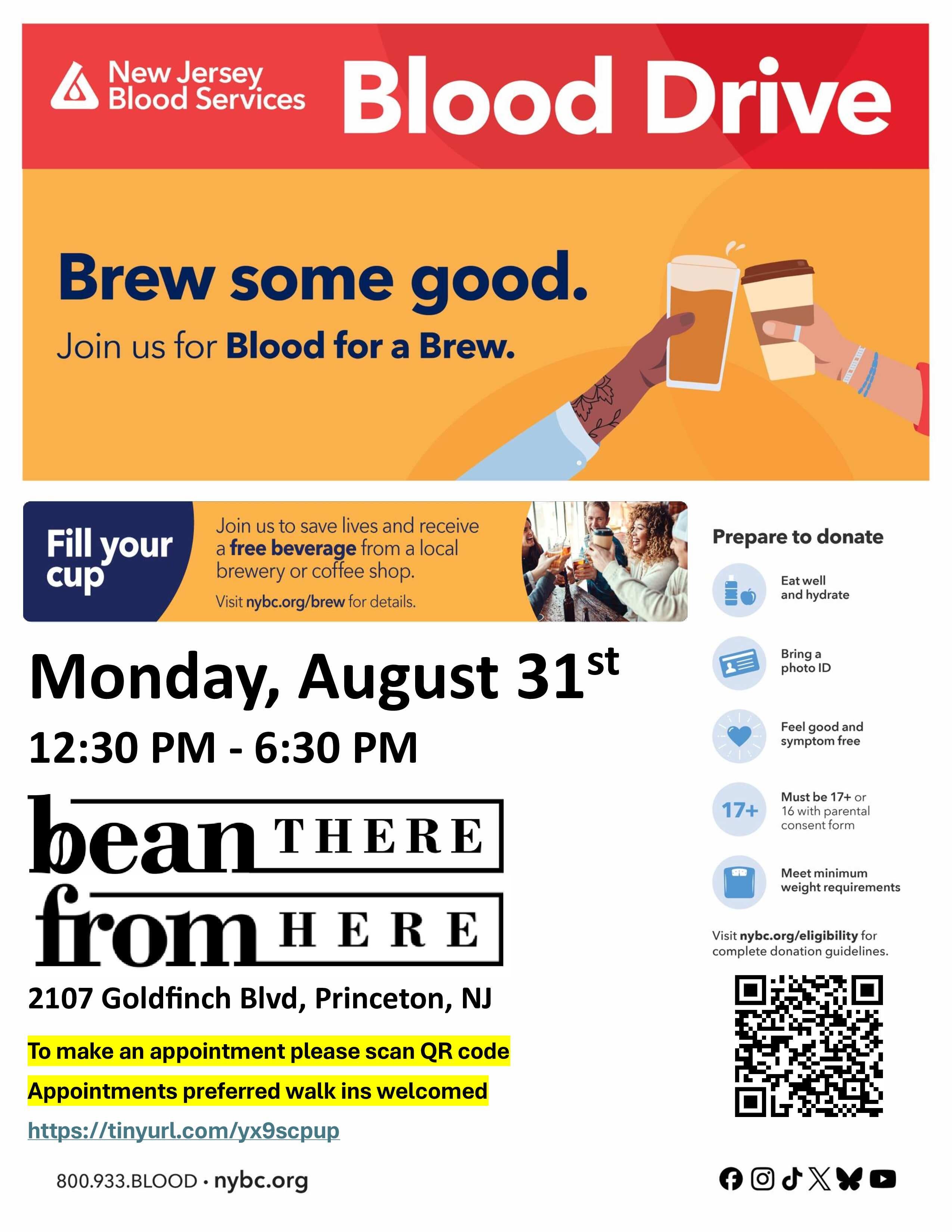 Princeton Community Blood Drive - FREE Brew from bean THERE for donors!