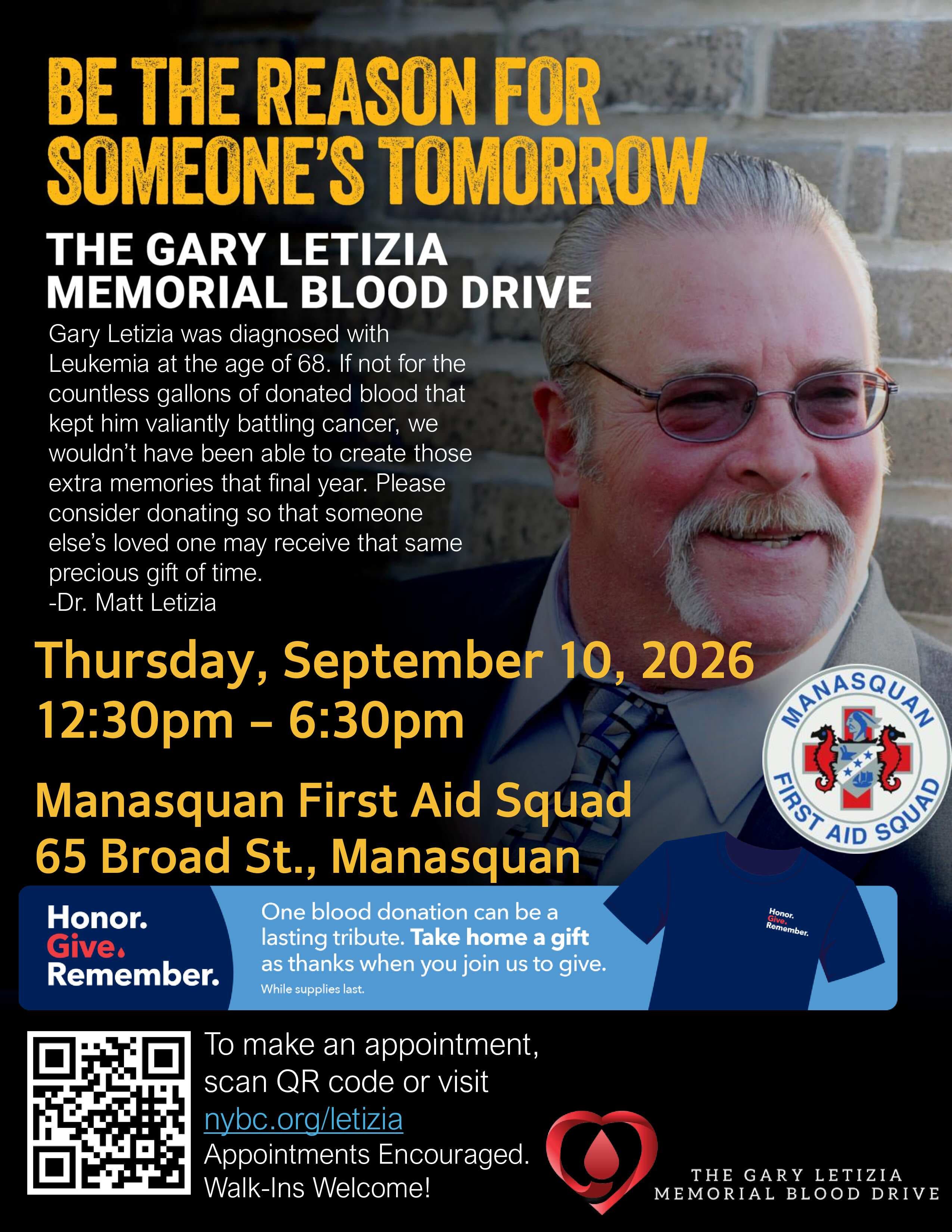 Manasquan Community Blood Drive - 9/11 Memorial Shirt for donors!