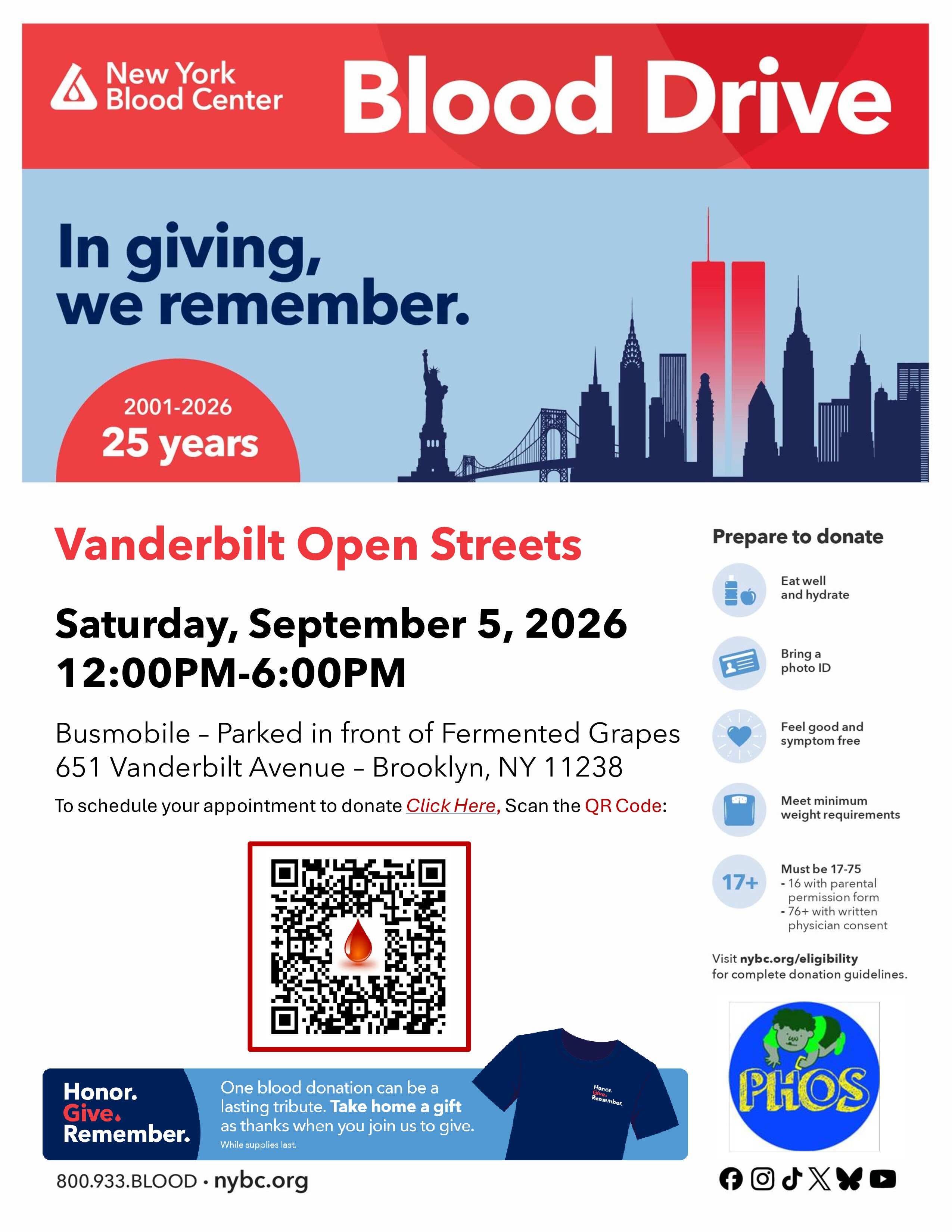 Prospect Heights Community Blood Drive - 9/11 Shirt for donors. Honor | Give | Remember