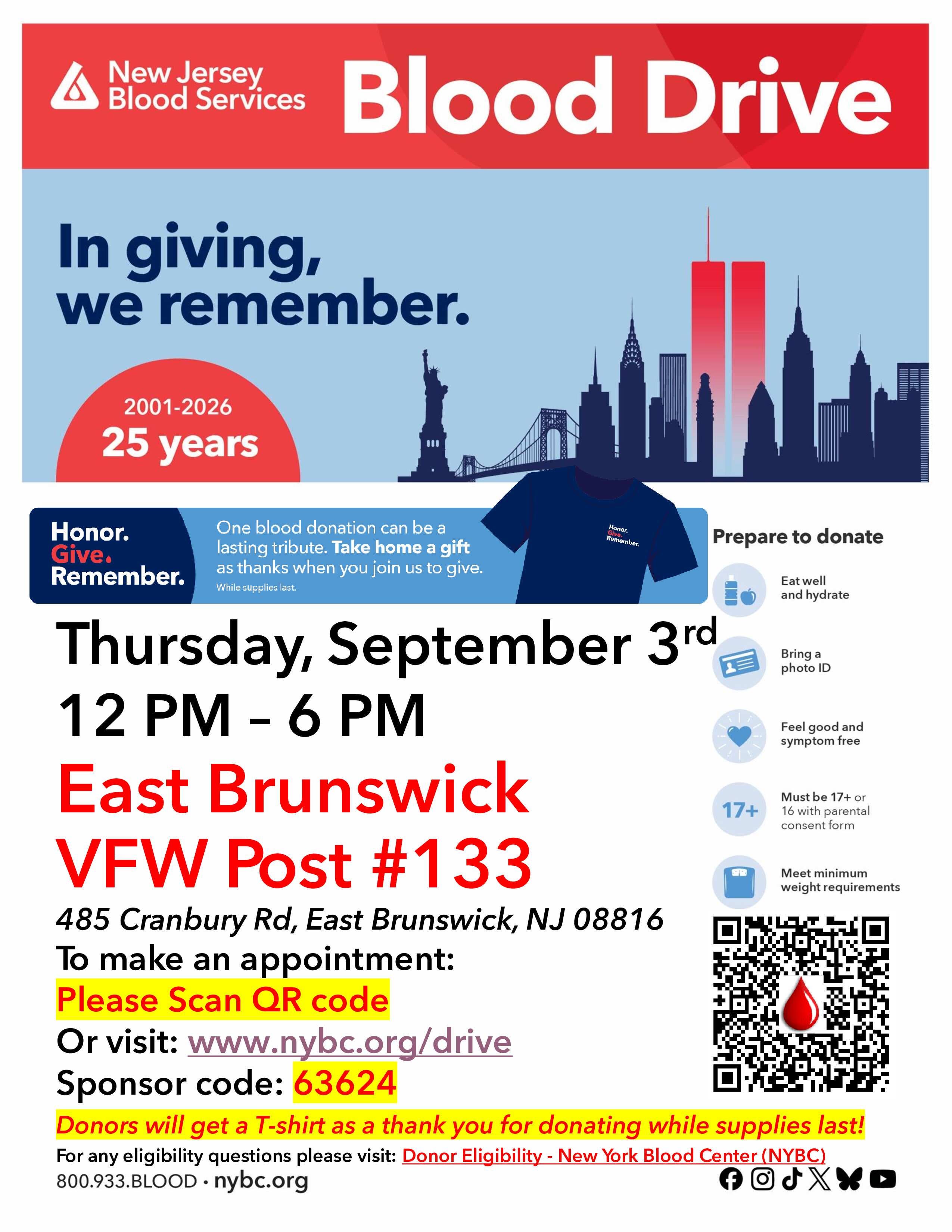 East Brunswick Community Blood Drive - Honor. Give. Remember. Shirt for donors