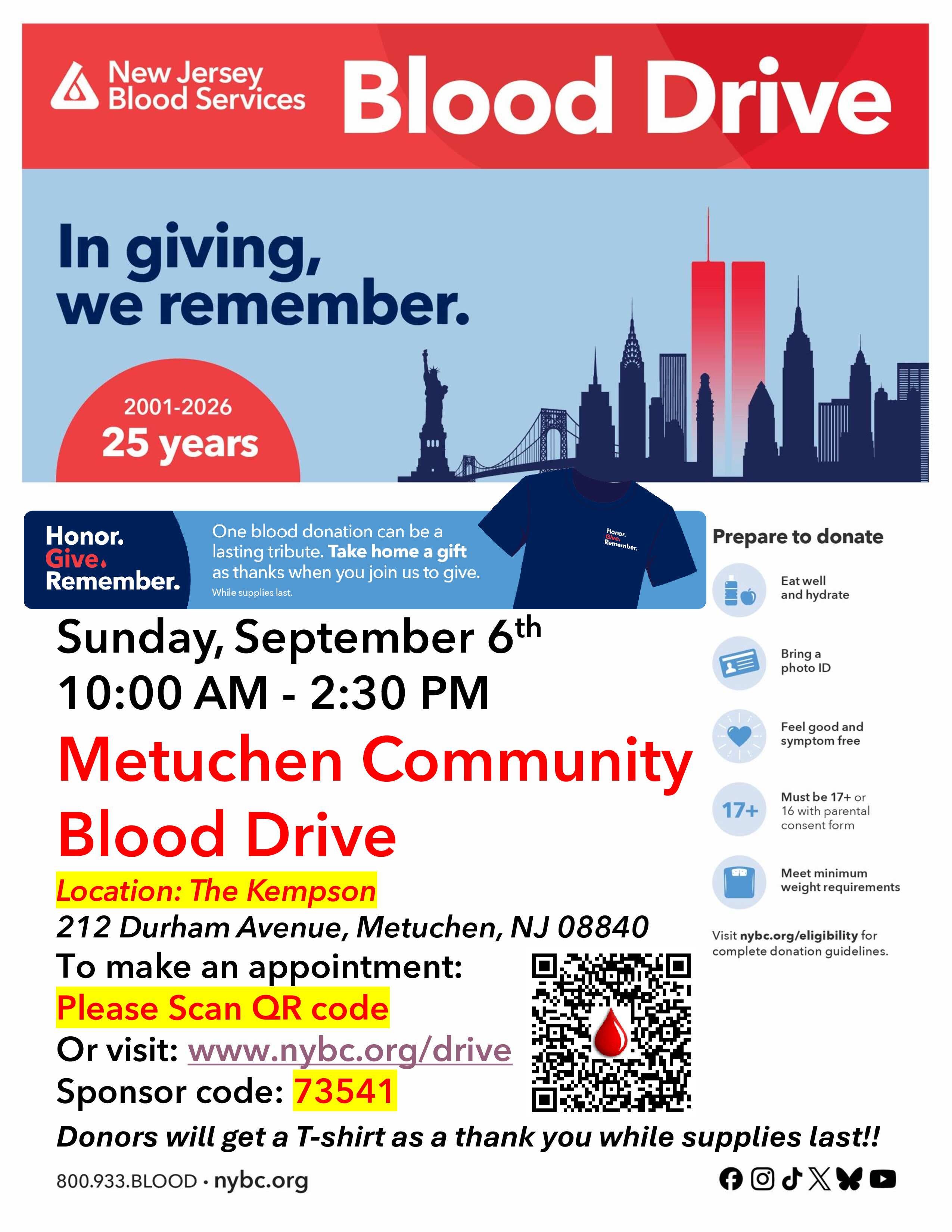 Metuchen Community Blood Drive - Honor. Give. Remember. Shirt for donors