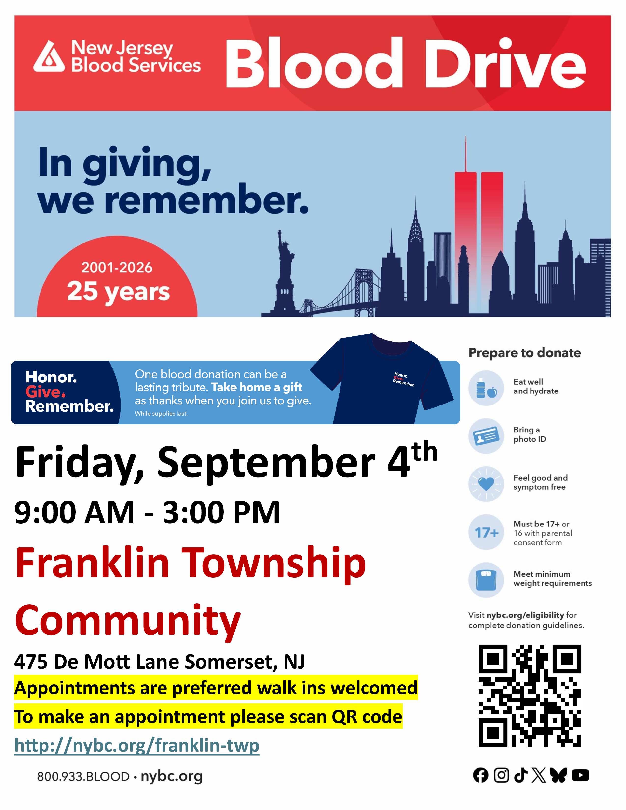 Somerset Community Blood Drive - Give. Honor. Remember. Shirt for donors