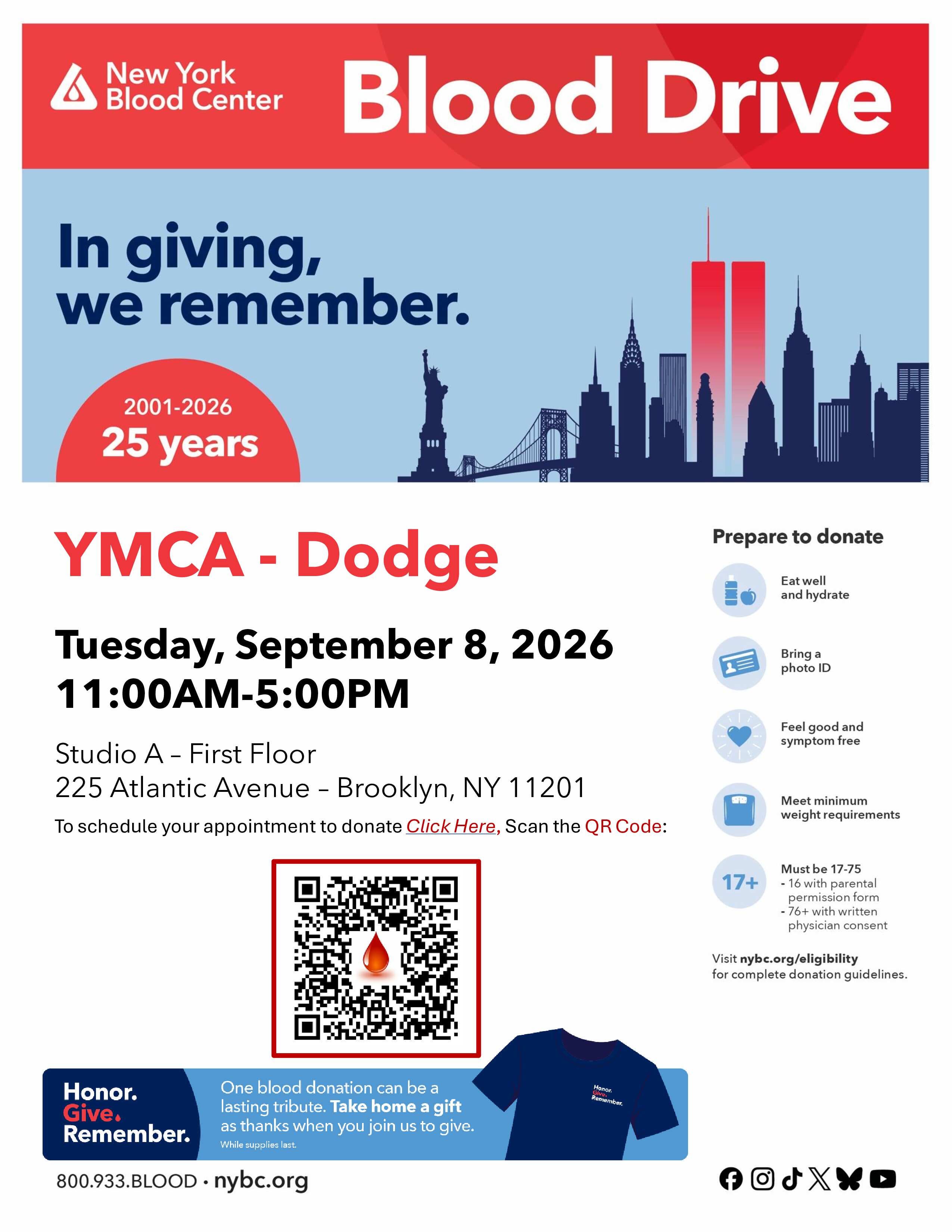Boerum Hill Community Blood Drive - Give. Honor. Remember. Shirt for donors!