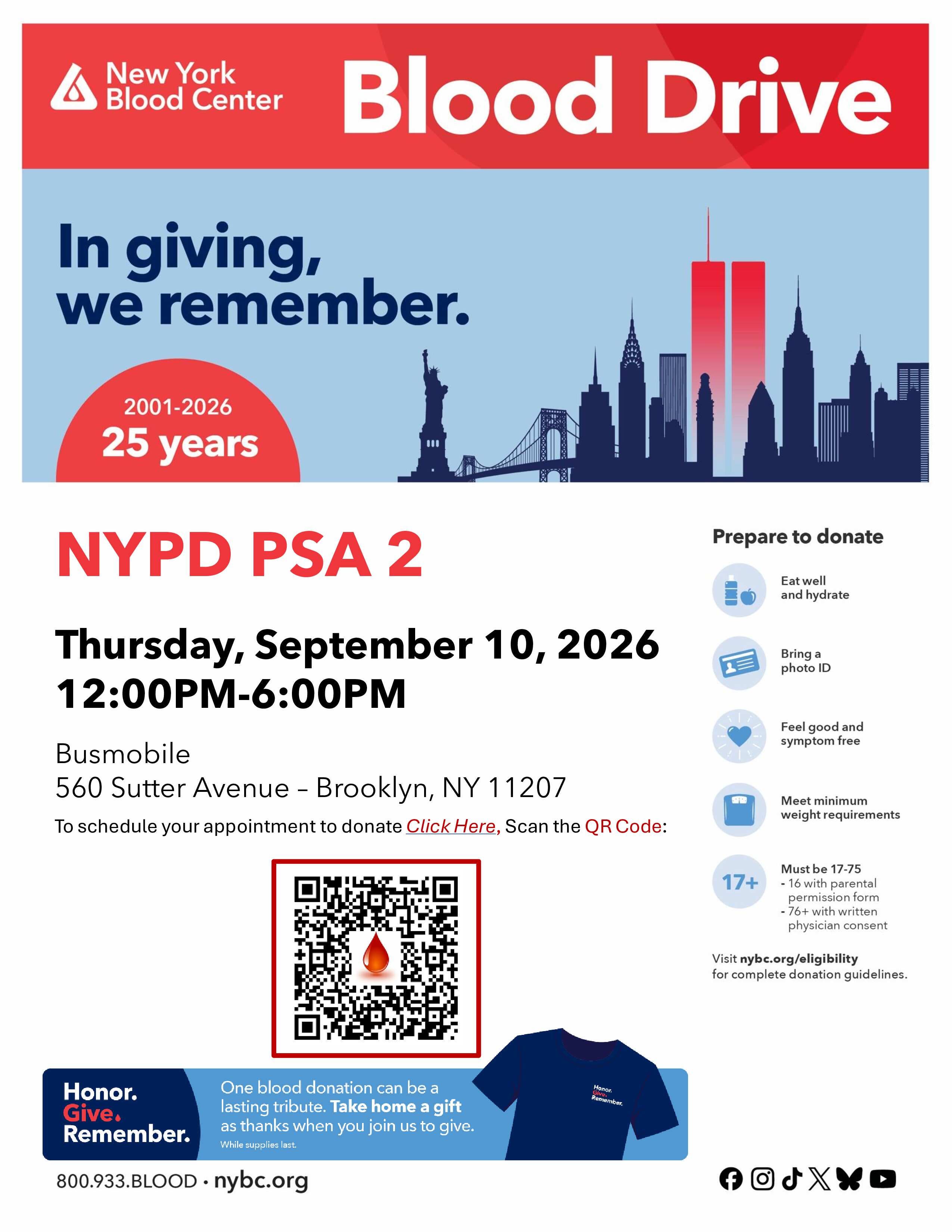 East New York Community Blood Drive - Honor. Give. Remember. Shirt for donors!