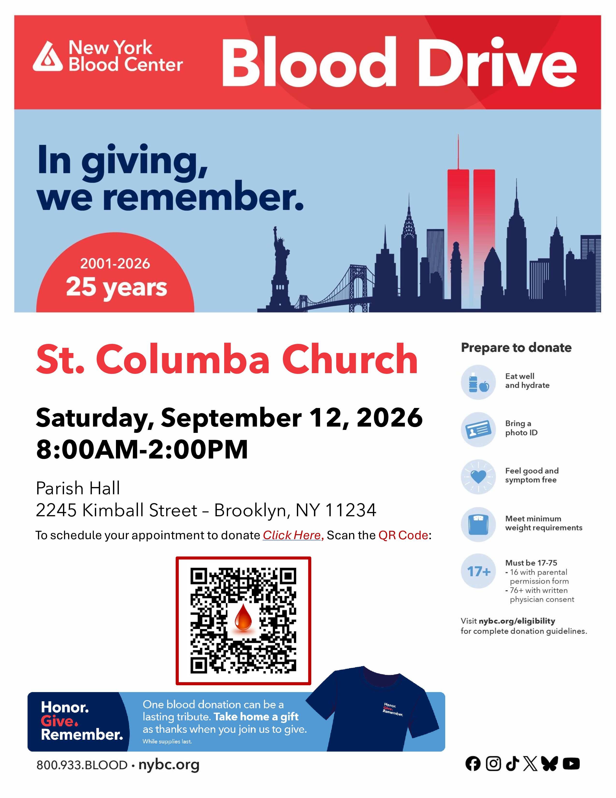 Marine Park Community Blood Drive - Give. Honor. Remember. Shirt for donors!