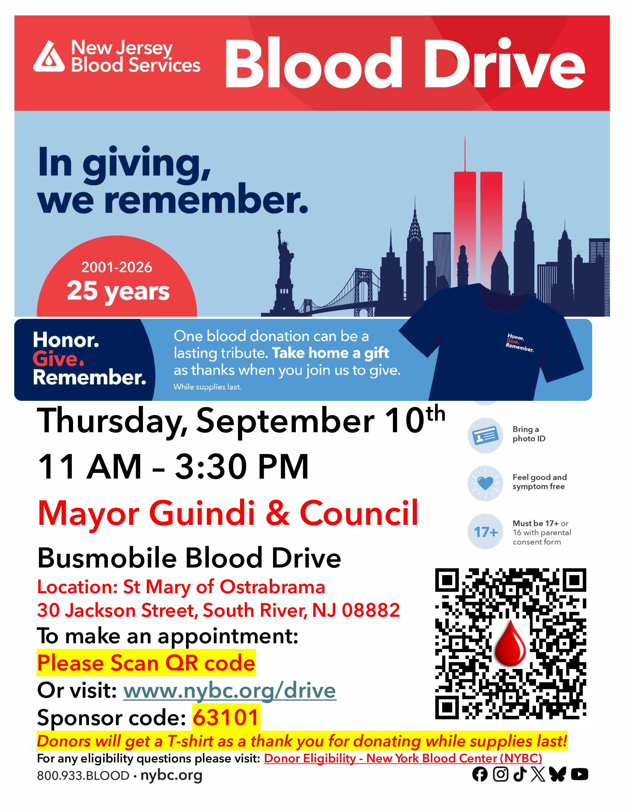 South River Community Blood Drive - Honor. Give. Remember. Shirt for donors!