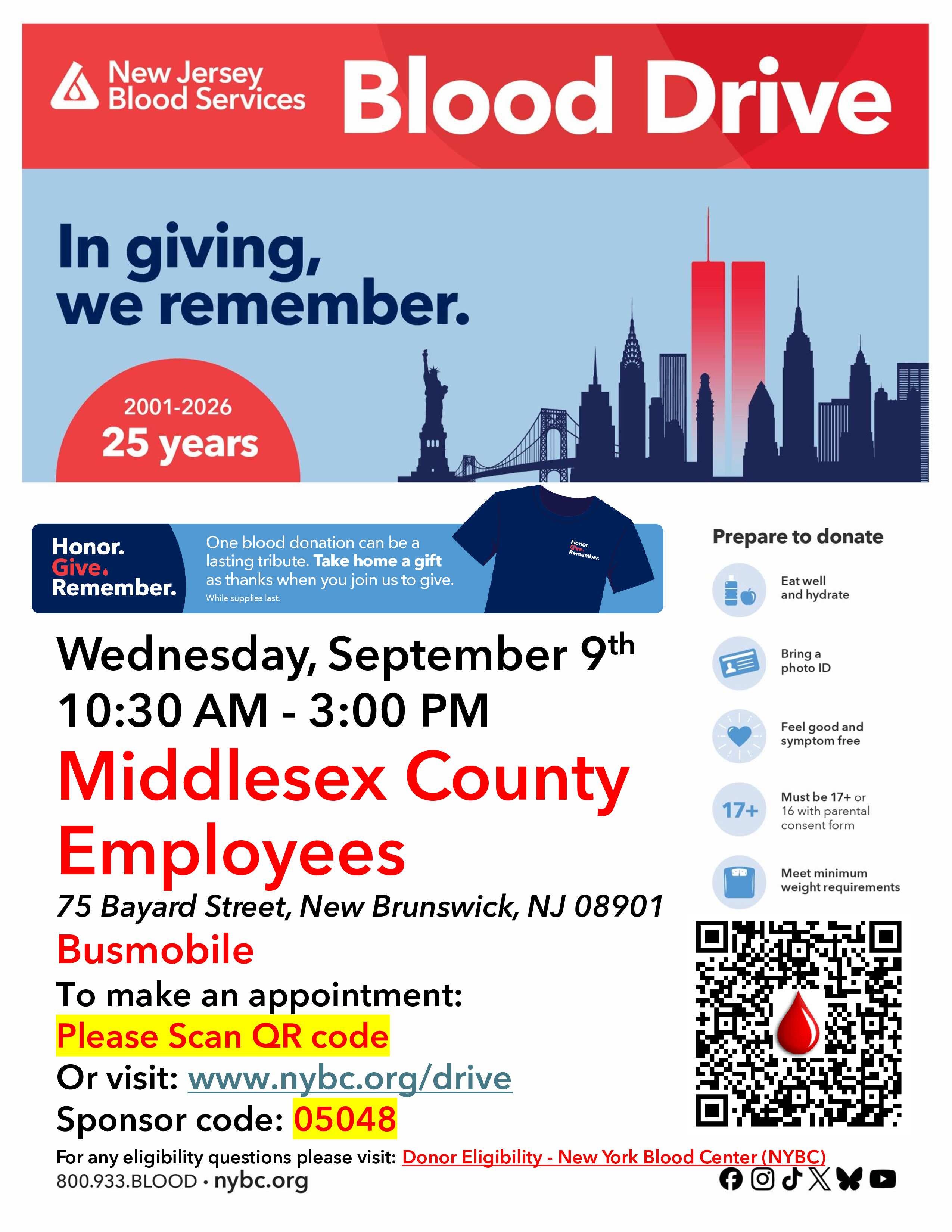 New Brunswick Community Blood Drive - Honor. Give. Remember. Shirt for donors!