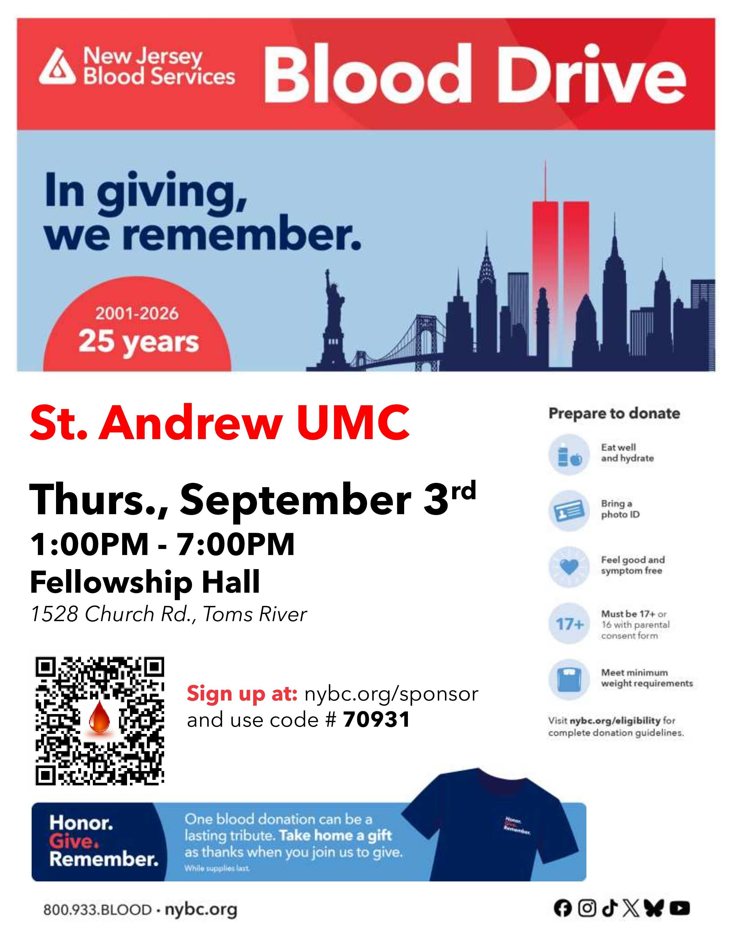 Toms River Community Blood Drive - Honor. Give. Remember. Shirt for donors!