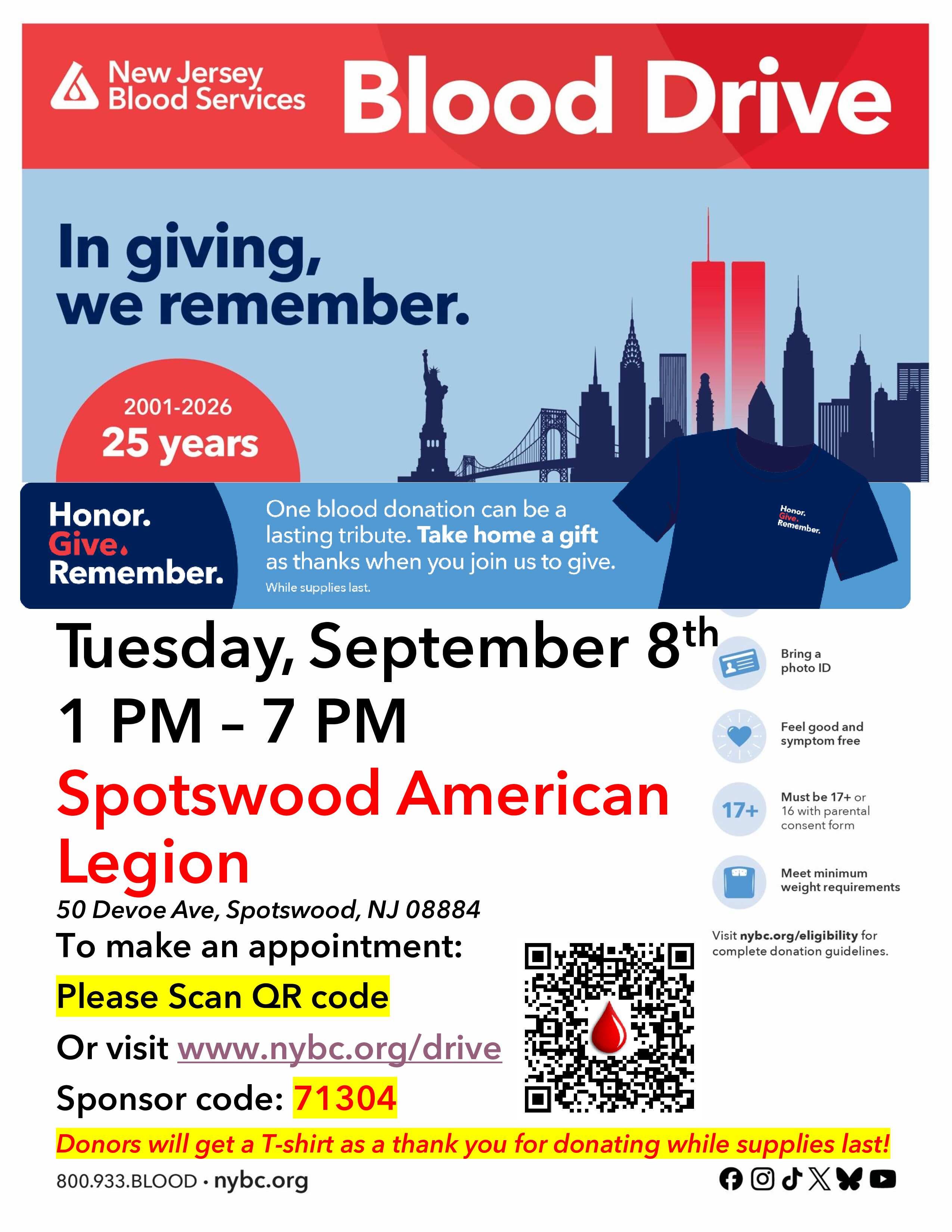 Spotswood Community Blood Drive - Honor. Give. Remember. Shirt for donors