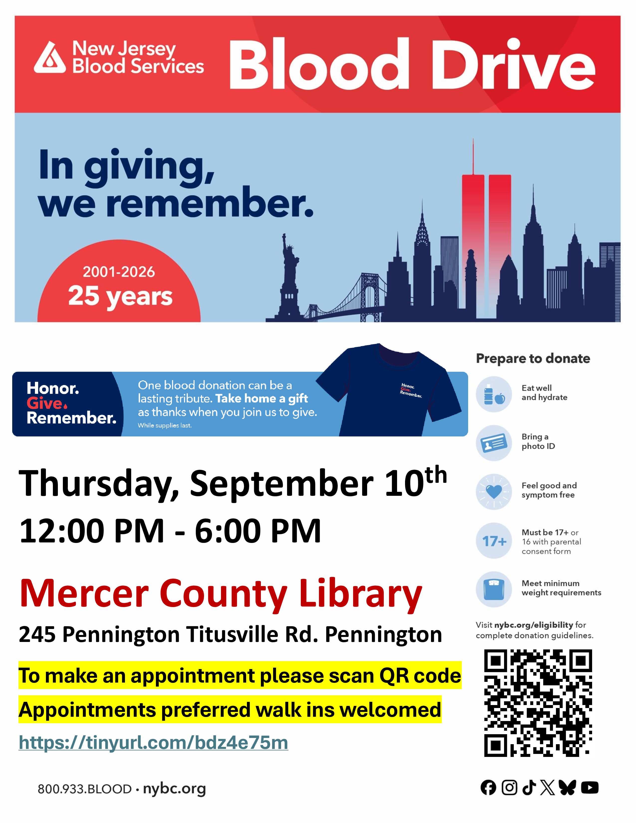 Pennington Community Blood Drive - Honor. Give. Remember. Shirt for donors