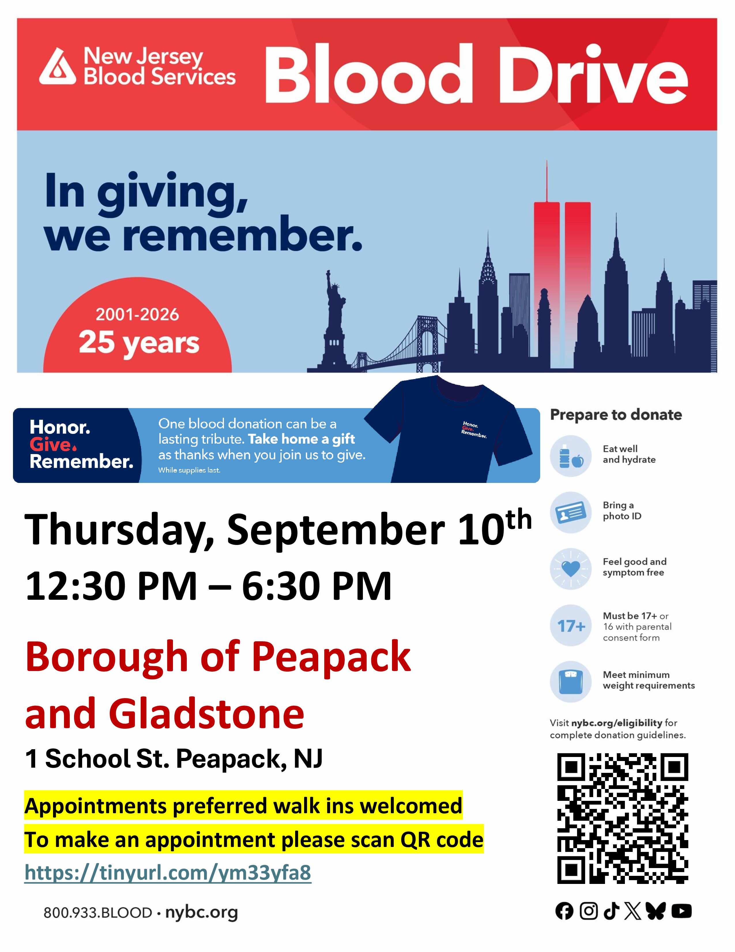 Peapack-Gladstone 9/11 Memorial Blood Drive - Honor. Give. Remember. Shirt for donors