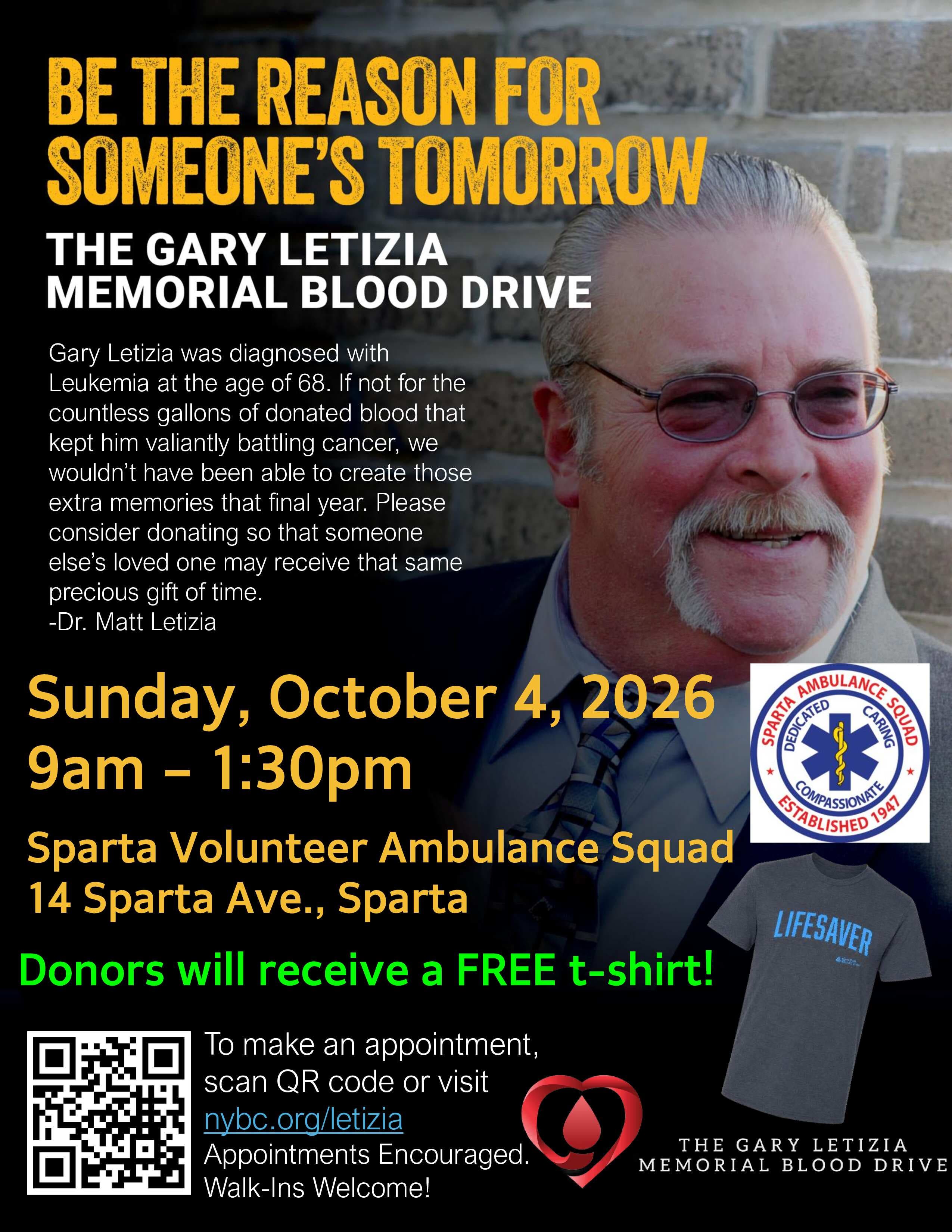 Sparta Community Blood Drive - In Loving Memory of Gary Letizia