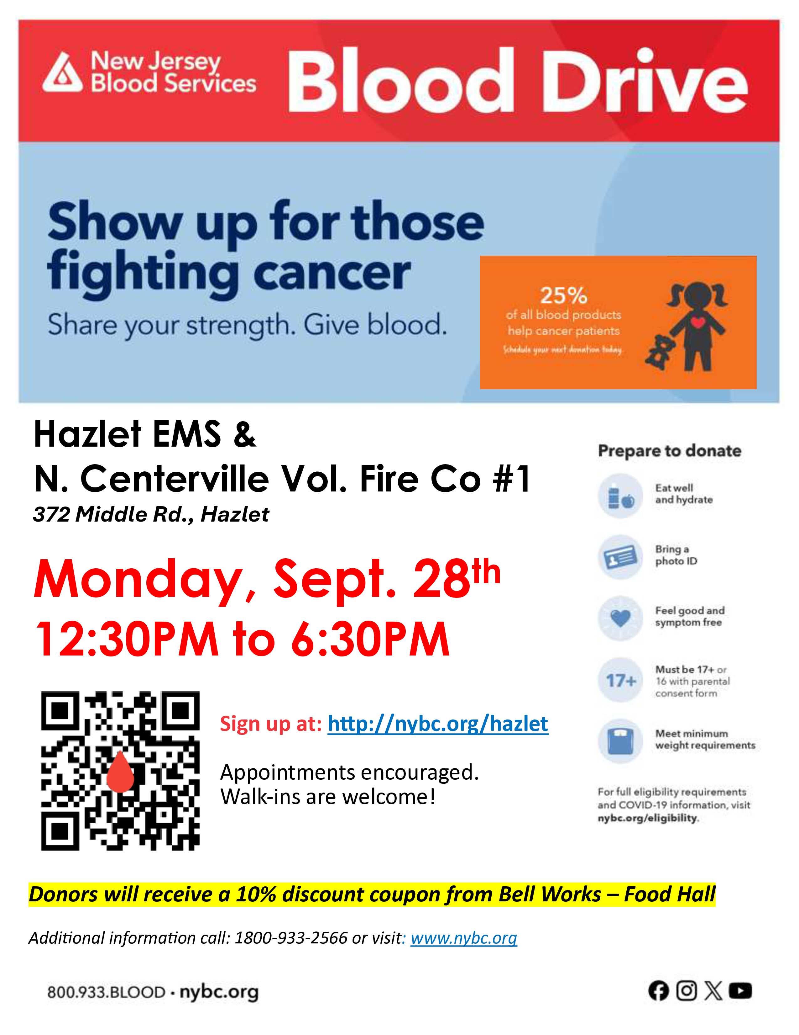 Hazlet Community Blood Drive - 10% off coupon for Bell Works!