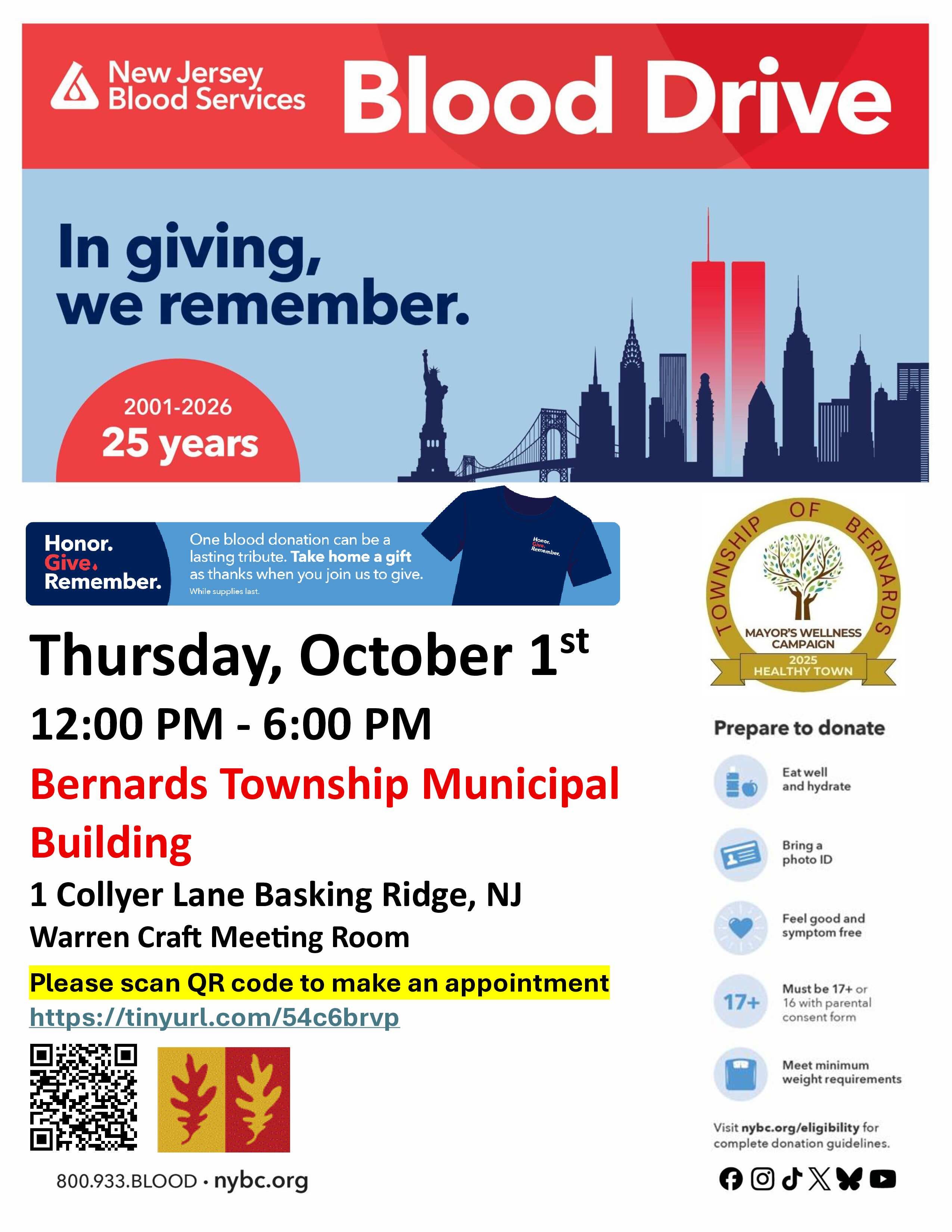 Bernards Township Community Blood Drive - 9/11 Memorial Shirt for donors