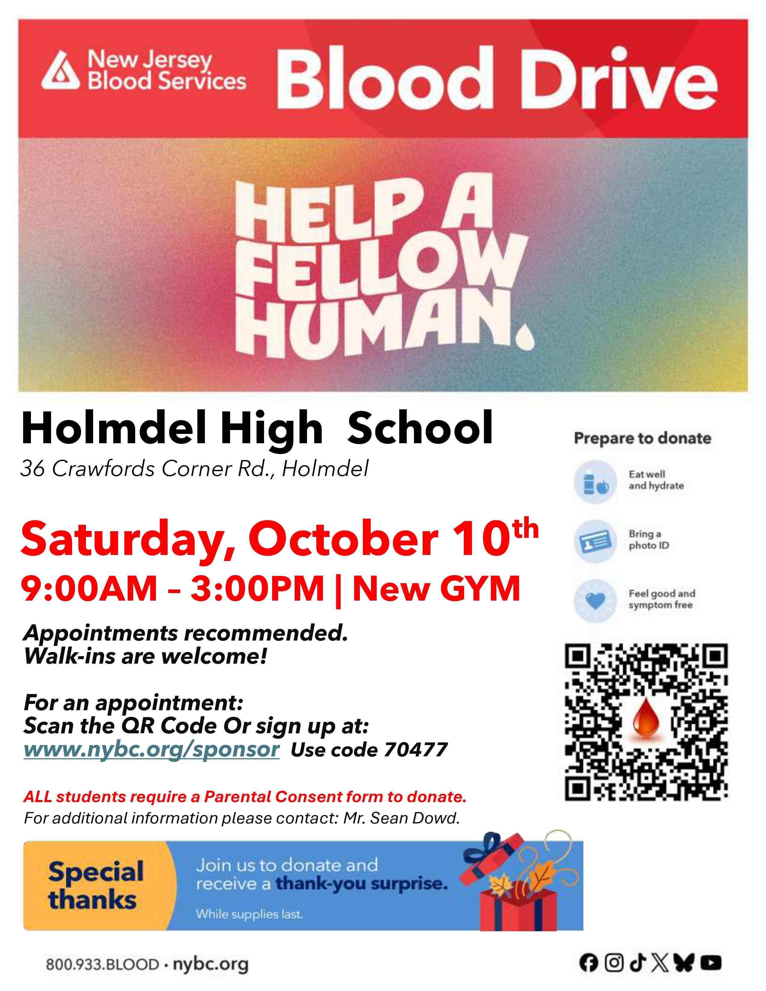 Holmdel Community Blood Drive - Surprise Gift for donors!