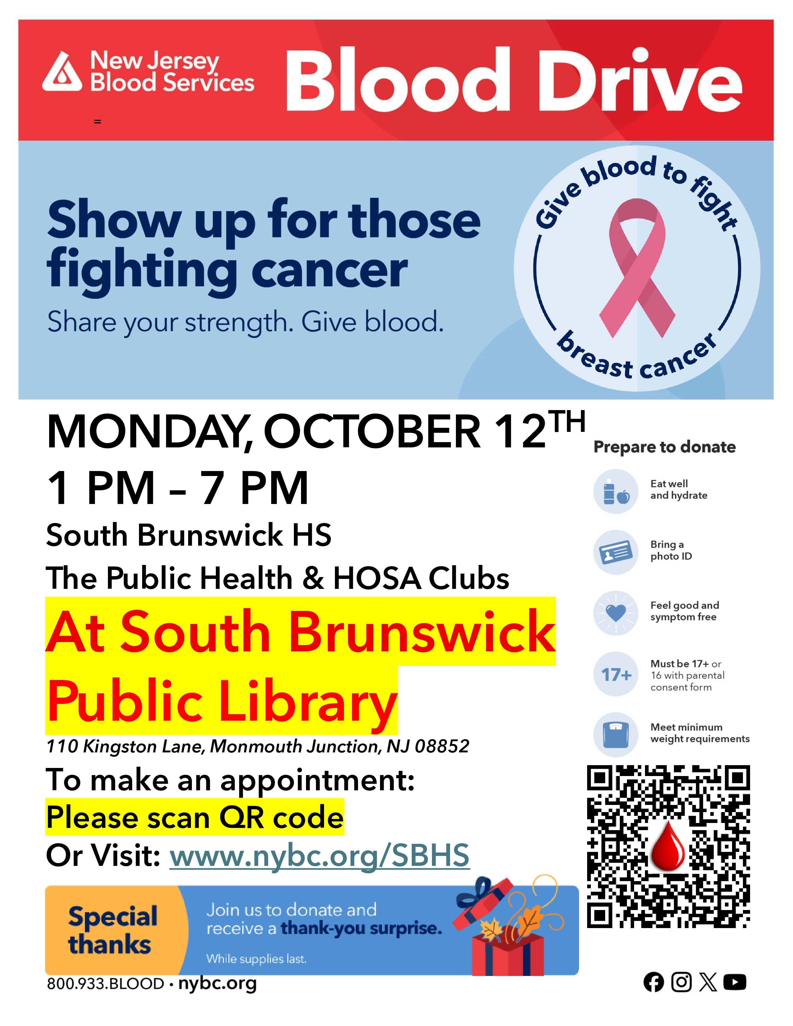 South Brunswick Community Blood Drive - Surprise Gift for donors!
