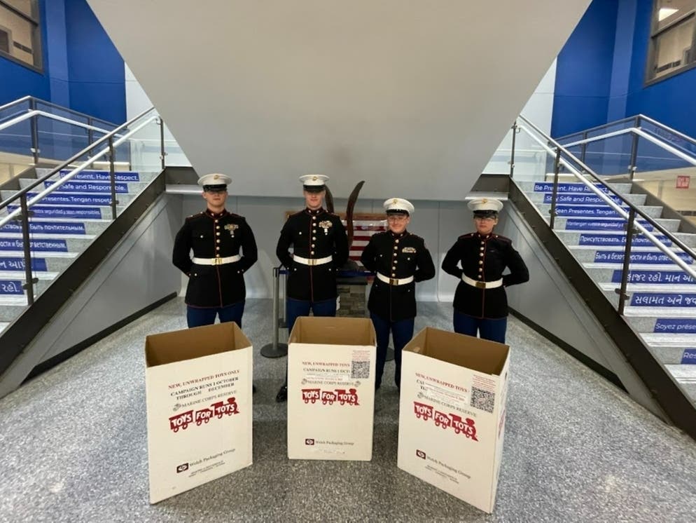 Toy donation bins are located at the main entrance and flagpole entrance at Bensalem High School.