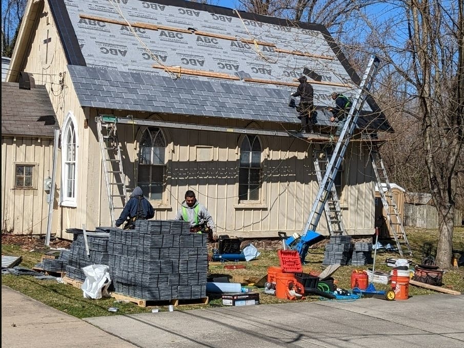 Exterior renovations on The Gather Place in Yardley will take place over the next few weeks. Interior work and roof renovations, as in the photo, took place in March.