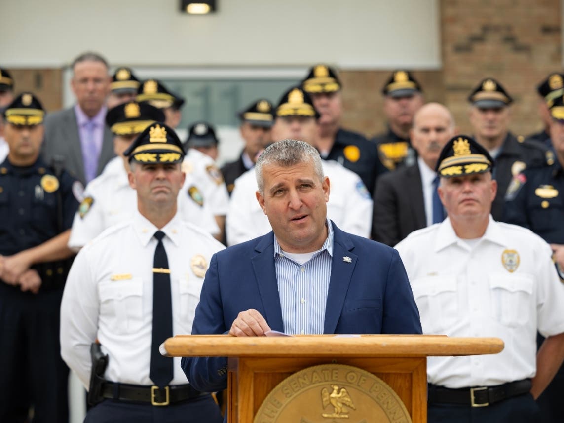 State Sen. Frank Farry was joined by more than 20 local law enforcement representatives late last week in introducing six pieces of legislation to combat crime in Bucks County.