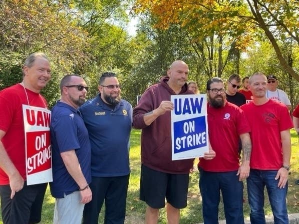 U.S. Sen John Fetterman joined striking United Auto Workers by walking the picket line with with LU 2177​ members of a General Motors parts distribution center​ in Langhorne Thursday.