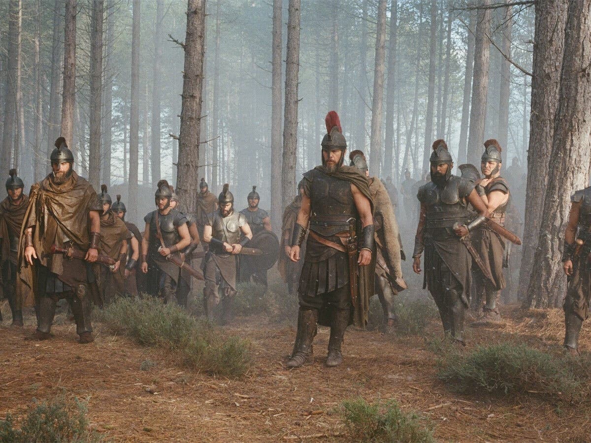 Matt Damon plays Odysseus, center, in a scene from the new summer blockbuster movie "The Odyssey" that debuts this weekend.