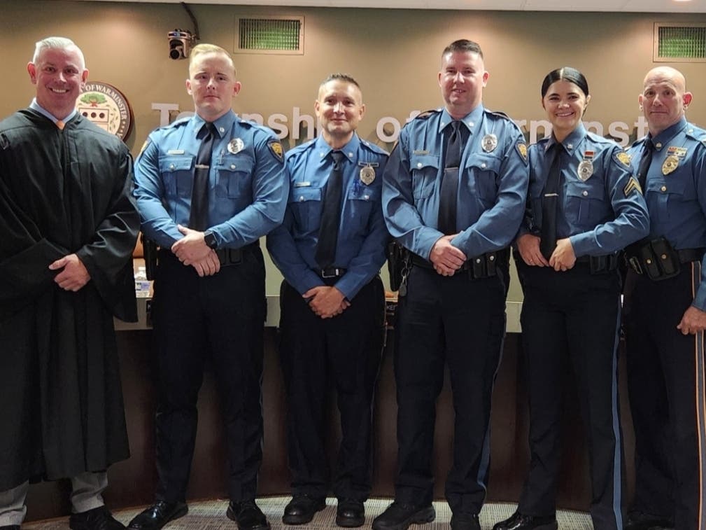Four Warminster Township police officers were promoted and sworn in at the Aug. 20 Warminster Township Supervisors meeting by Magisterial Judge Christopher E. O’Neill.
