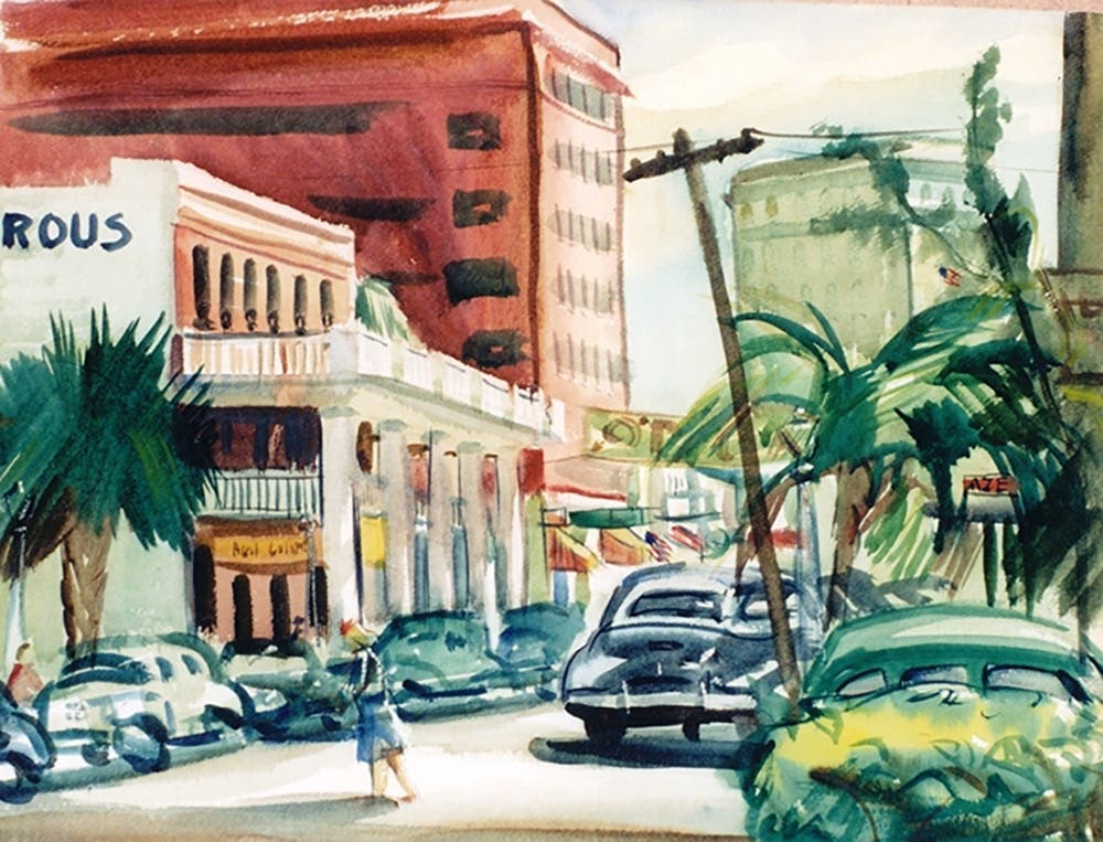 "Main Street, Sarasota" watercolor by William Hartman