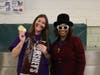 (From left to right) Edna Keith Elementary School fifth-grade teacher Jessica Boeckman and Ronna Scruggs first-grade teacher (aka Willy Wonka) have fun at their school kick-off assembly.
