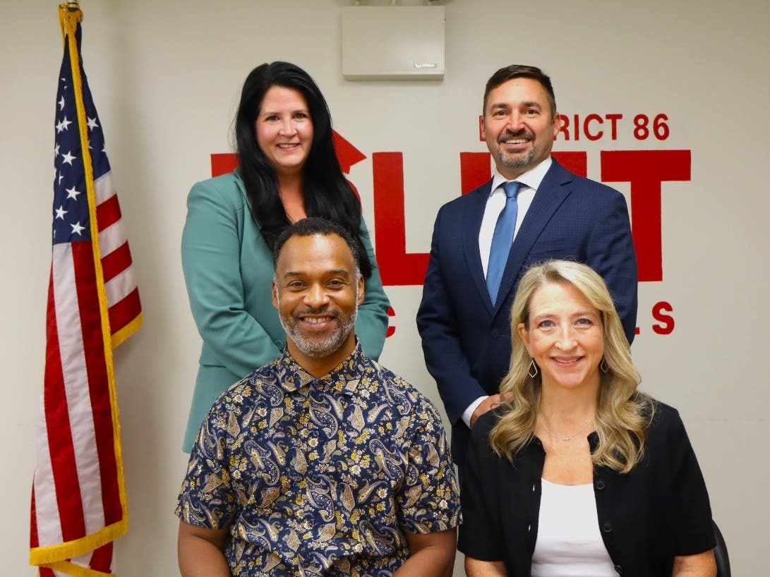 (Front row) Gompers Junior High School principal Chris Latting and Marycrest Early Childhood Center principal Kathleen Prago (back row) Carl Sandburg Elementary School principal Megan Pritz and Isaac Singleton Elementary School principal Dr. Jamie Max