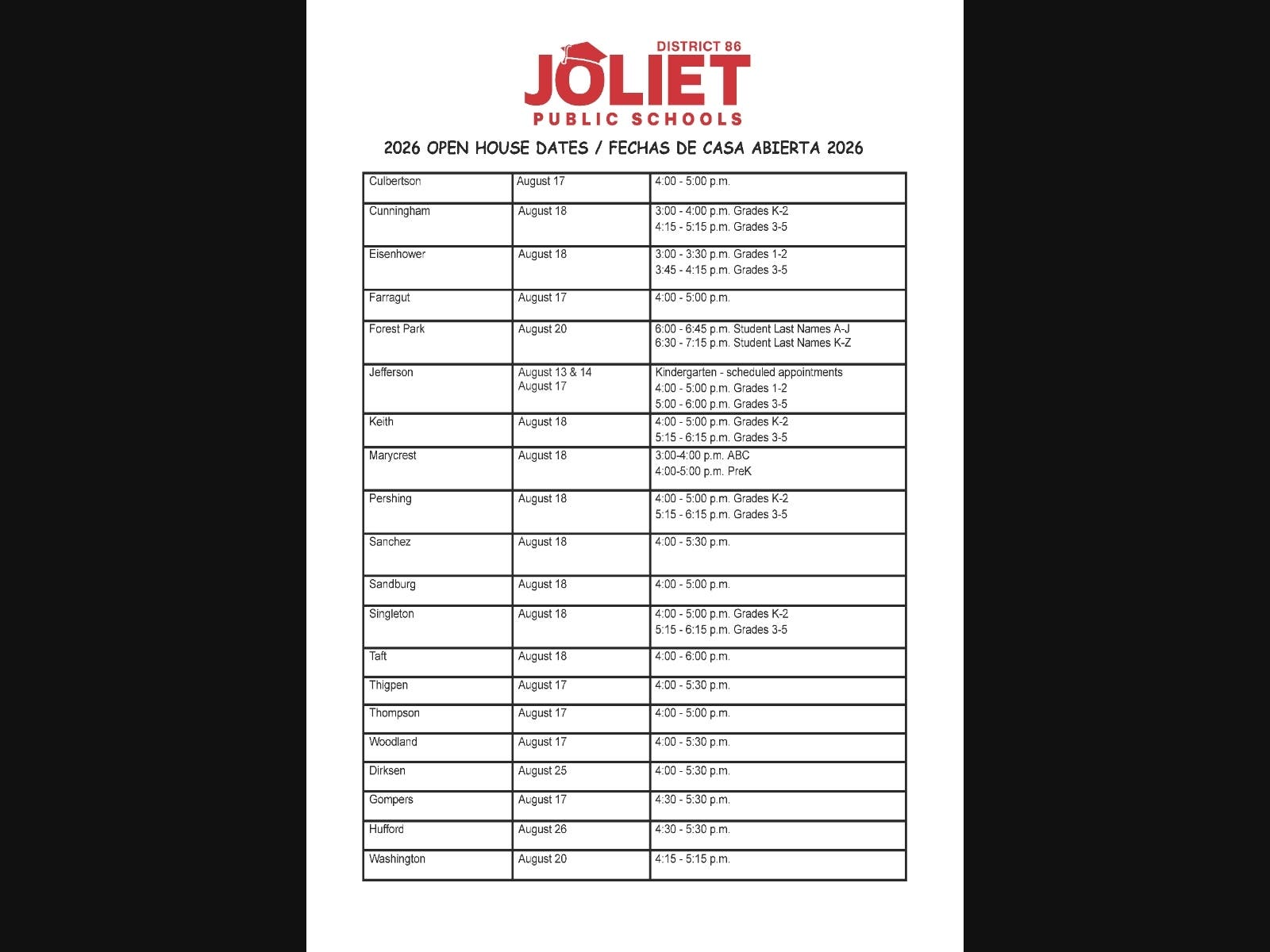 Joliet District 86 School Open House Schedule