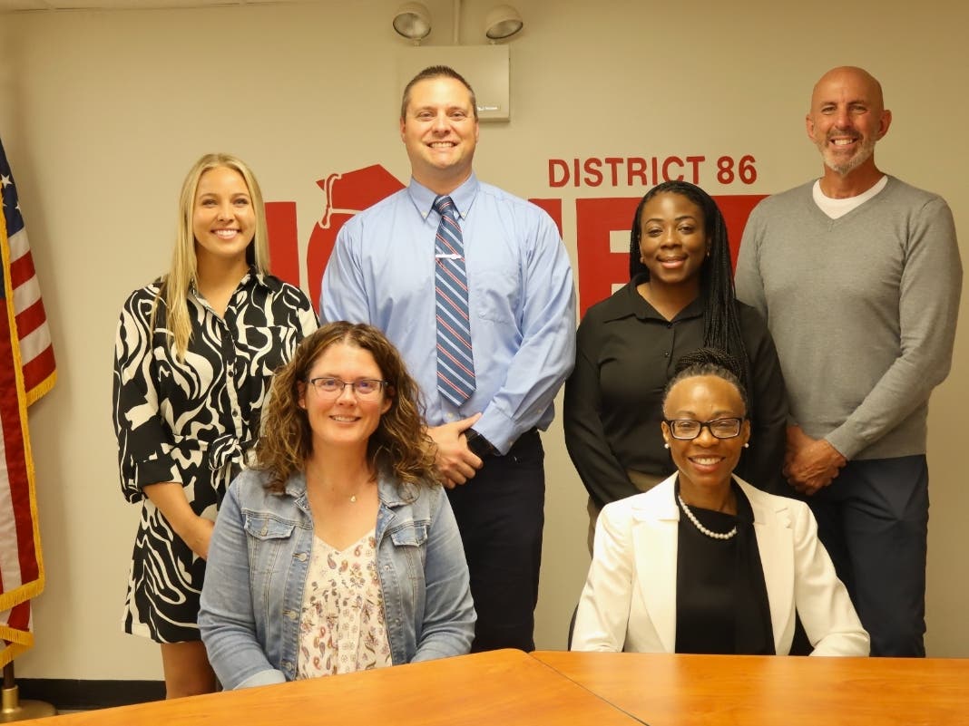 New Assistant Principals (front row, left to right) Kristin Gedmin (Dirksen), Felicia Hunigan (Sanchez) (Back row) Alyssa Mamlic (Marycrest), Ryan Martinsen (Eisenhower and Washington Academy), Davina Morris (Pershing), and Andy Petroline (Hufford) 